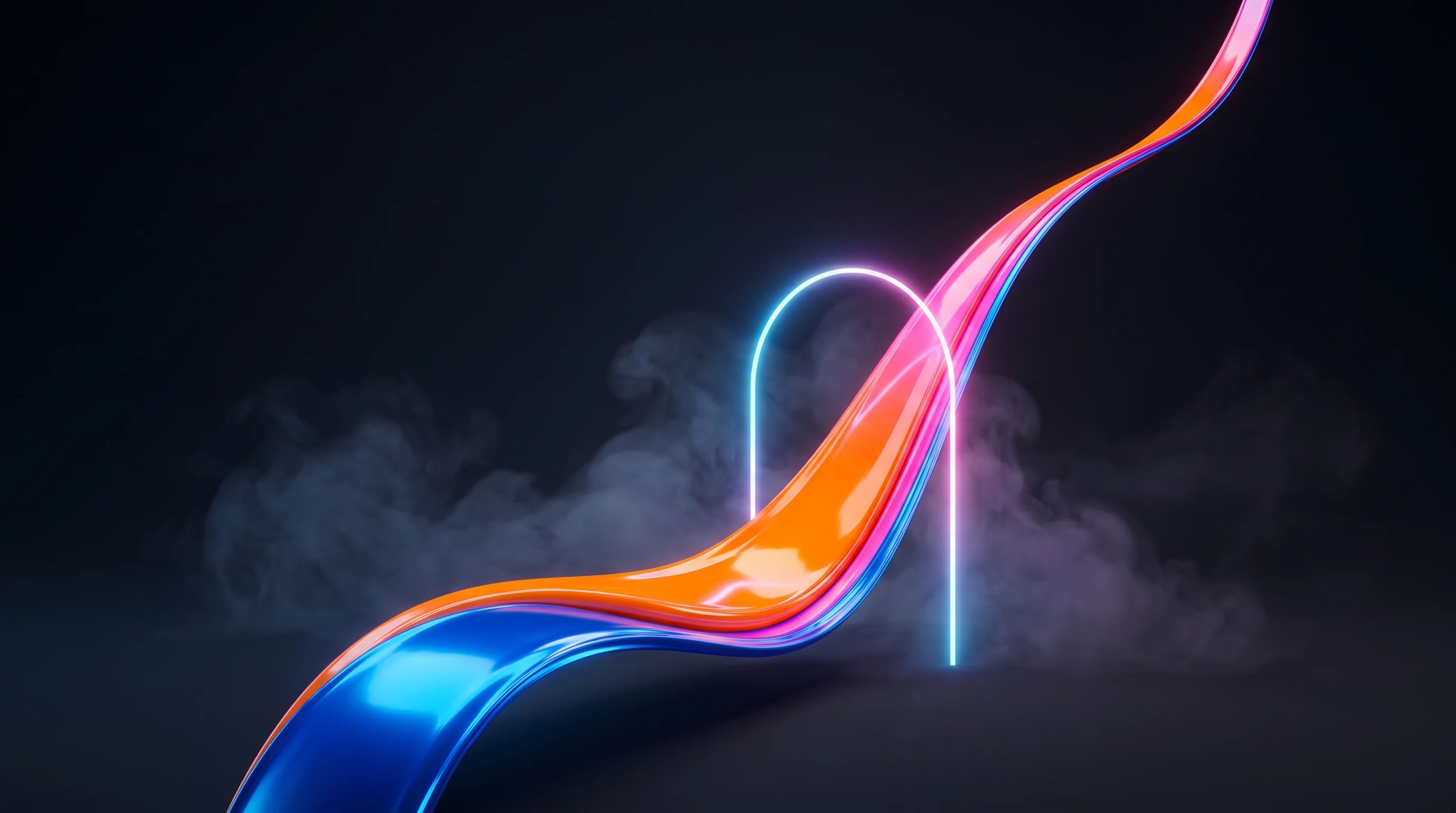 Digital illustration for article section "A Decade-Long Journey, Accelerated" in "Cape Town's Cue Raises $5M for AI Customer Service Platform" - A sleek, minimalist composition featuring a single, dynamic, glossy ribbon curving sharply upward to...