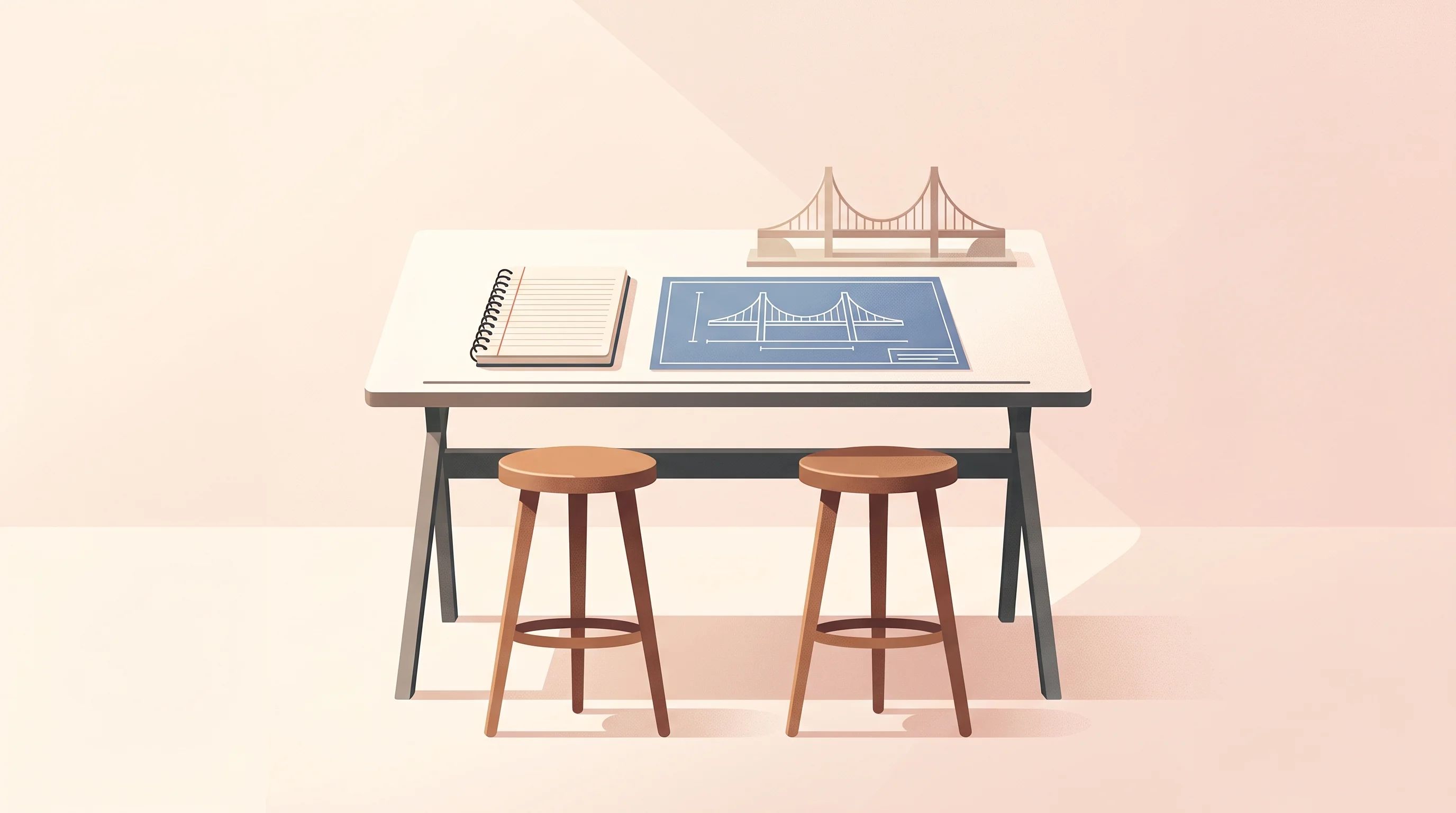 Digital illustration for article section "The Founders" in "YC-Backed Egoist Machines Launches AI Passport for Cross-App Memory" - A conceptual, highly minimal illustration representing a two-person startup founding team's journey ...