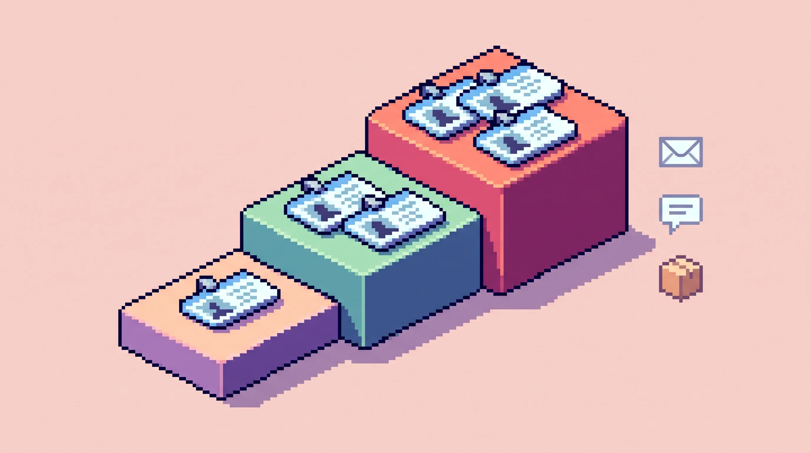 Digital illustration for article section "What It Costs to Give a Bot an Identity" in "Inkbox Gives AI Agents Email, Phone Numbers, and iMessage Identity" - A clean, minimalist isometric pixel art illustration representing pricing tiers for digital bot iden...
