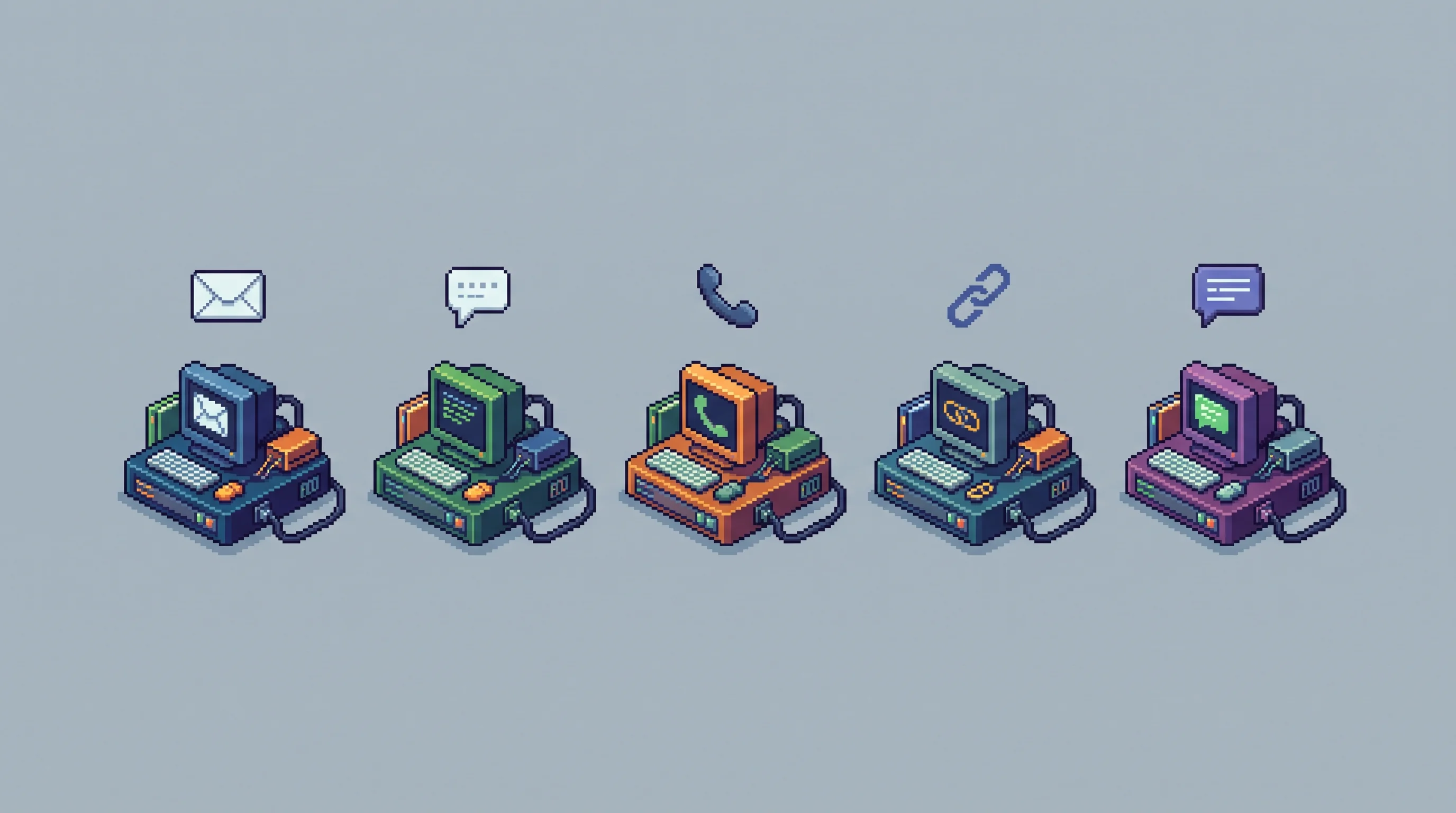 Digital illustration for article section "Early Signals" in "Inkbox Gives AI Agents Email, Phone Numbers, and iMessage Identity" - A clean, minimalist isometric composition featuring five distinct, stylized digital communication hu...