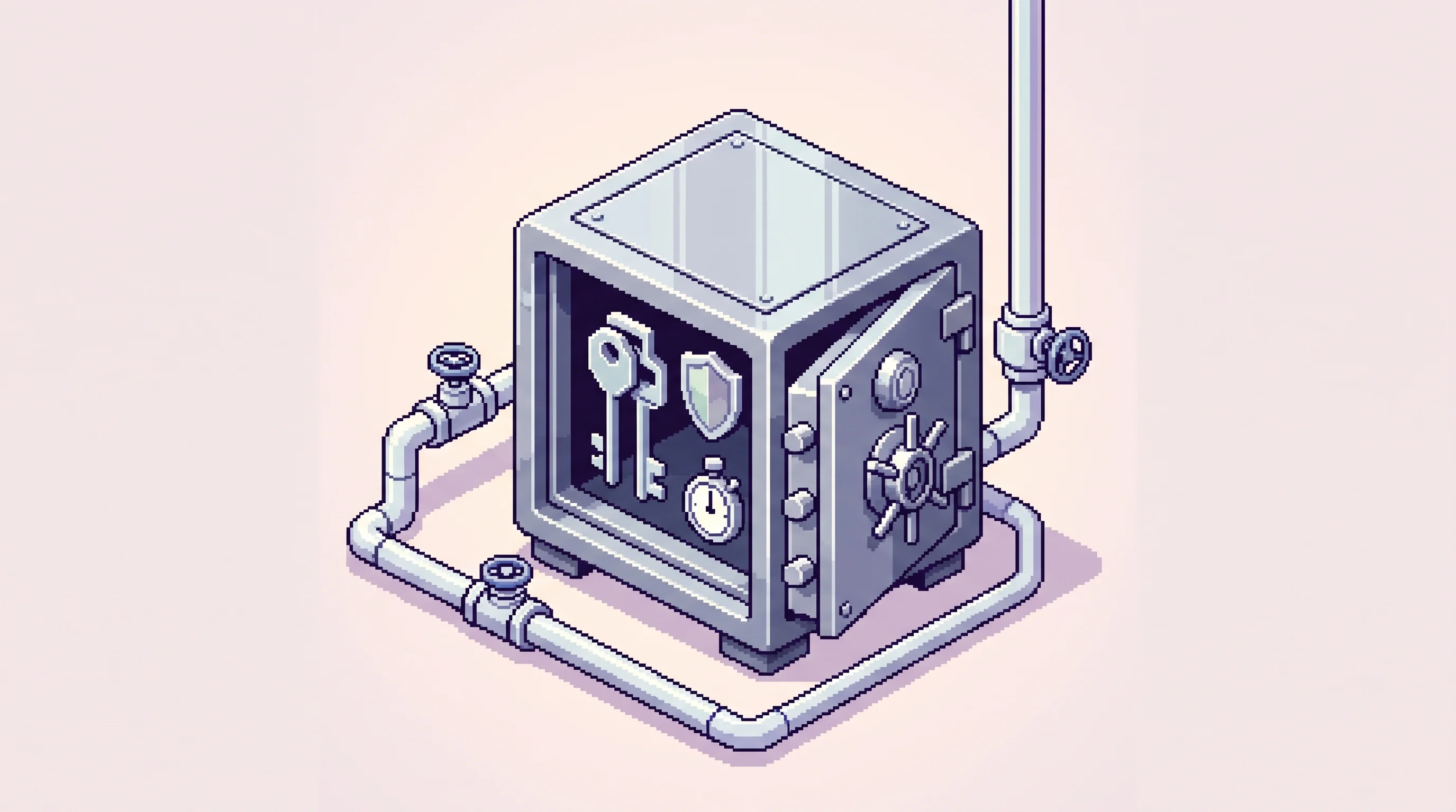 Digital illustration for article section "The Plumbing No One Thinks About Until It Breaks" in "Inkbox Gives AI Agents Email, Phone Numbers, and iMessage Identity" - A clean, minimalist isometric pixel art illustration of a heavy-duty, highly secure vault resting on...