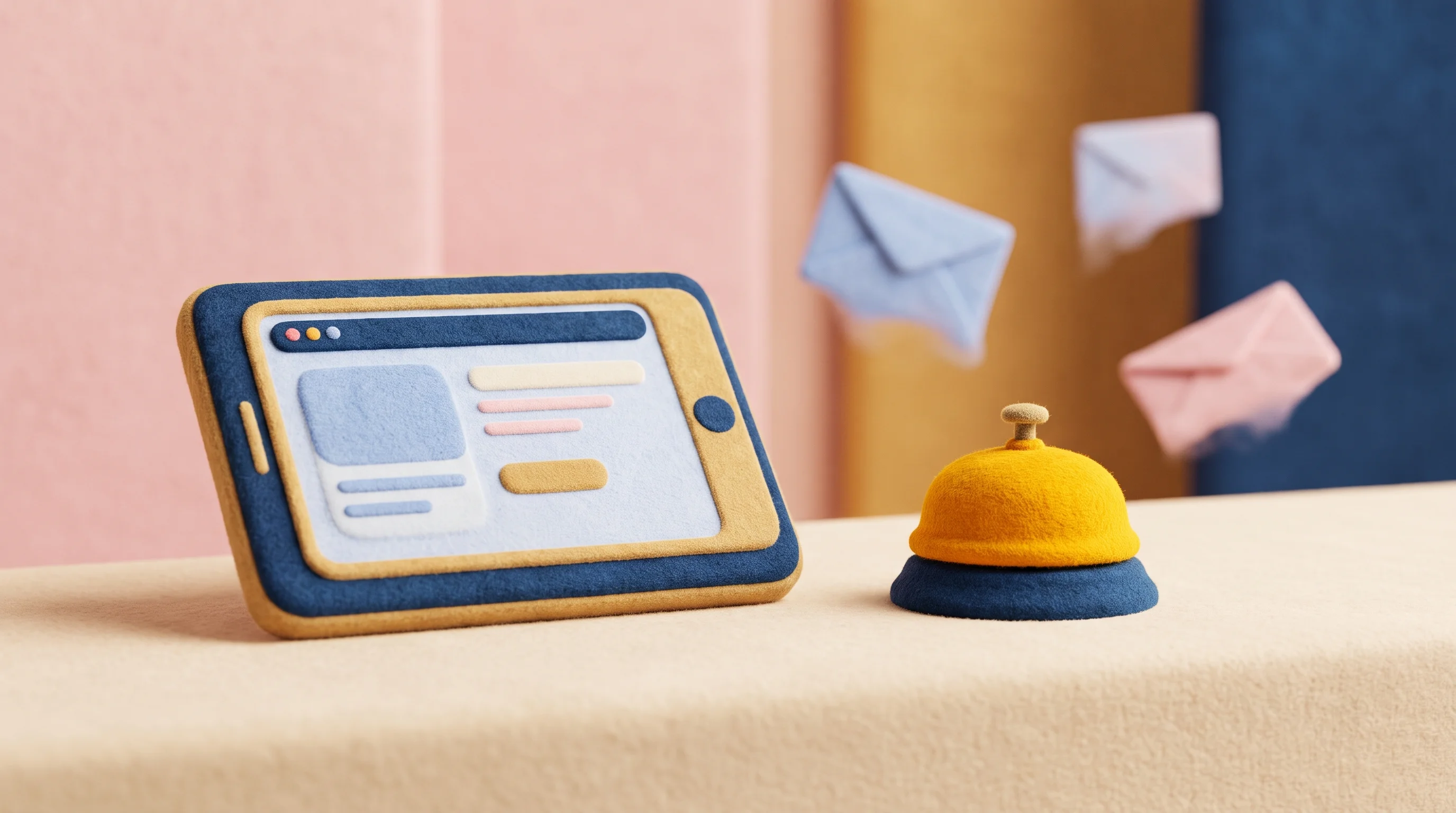 Digital illustration for article section "Selling in Person, Not via Email Blast" in "Zaplar's AI-Native OS Aims to Replace Entire Hotel Tech Stack" - A conceptual and minimalist 3D illustration representing in-person hotel sales and hands-on demonstr...