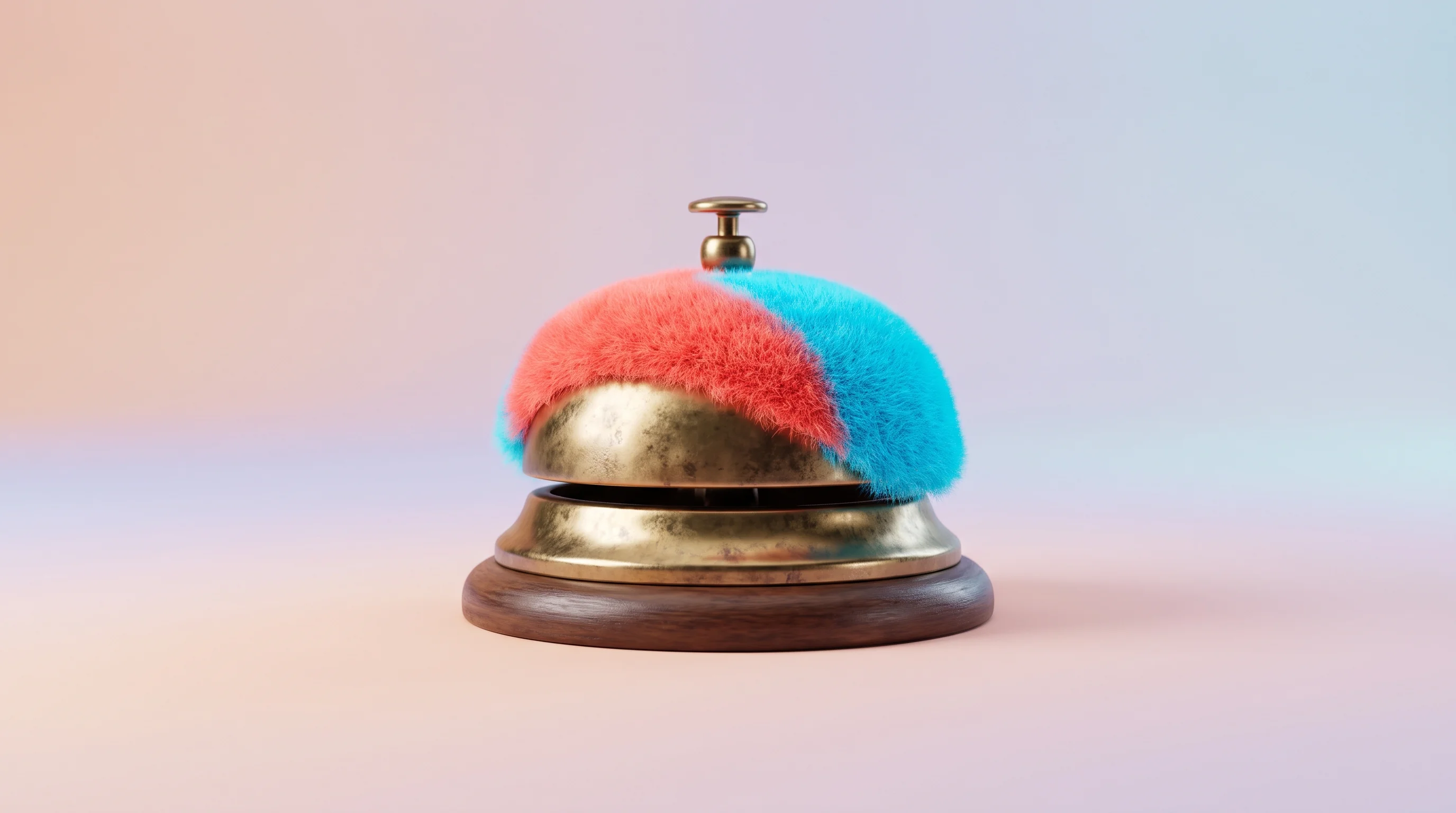 Digital illustration for article section "The Incumbent Response" in "Zaplar's AI-Native OS Aims to Replace Entire Hotel Tech Stack" - A clean, minimal 3D illustration of a classic hotel front desk service bell sitting on a soft, unclu...