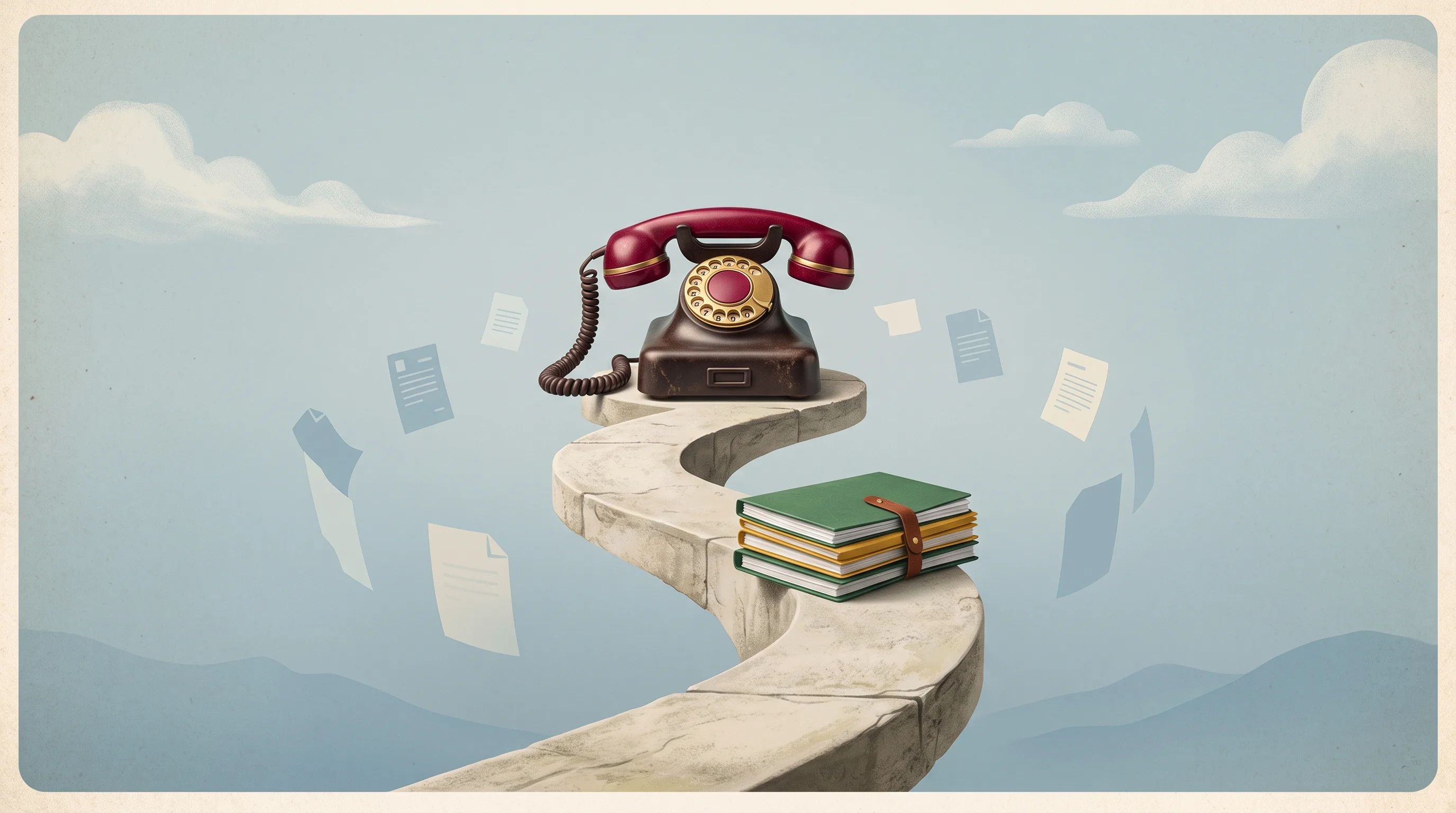 Digital illustration for article section "A Crowded Field, a Narrow Market" in "YC-Backed Care GP Brings AI Agents to 400+ Australian GP Clinics" - A solitary, classic vintage telephone resting on a remarkably narrow, winding pedestal alongside a p...