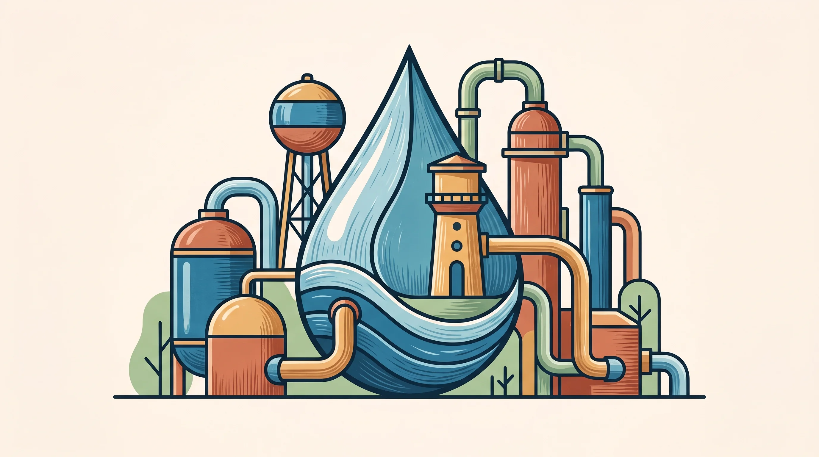 Digital illustration for article section "Where It's Actually Happening" in "YC-Backed Neuron Industries Races to Replace PLCs with AI Controllers" - A minimalist, conceptual illustration of a modernized municipal water utility and clean industrial p...
