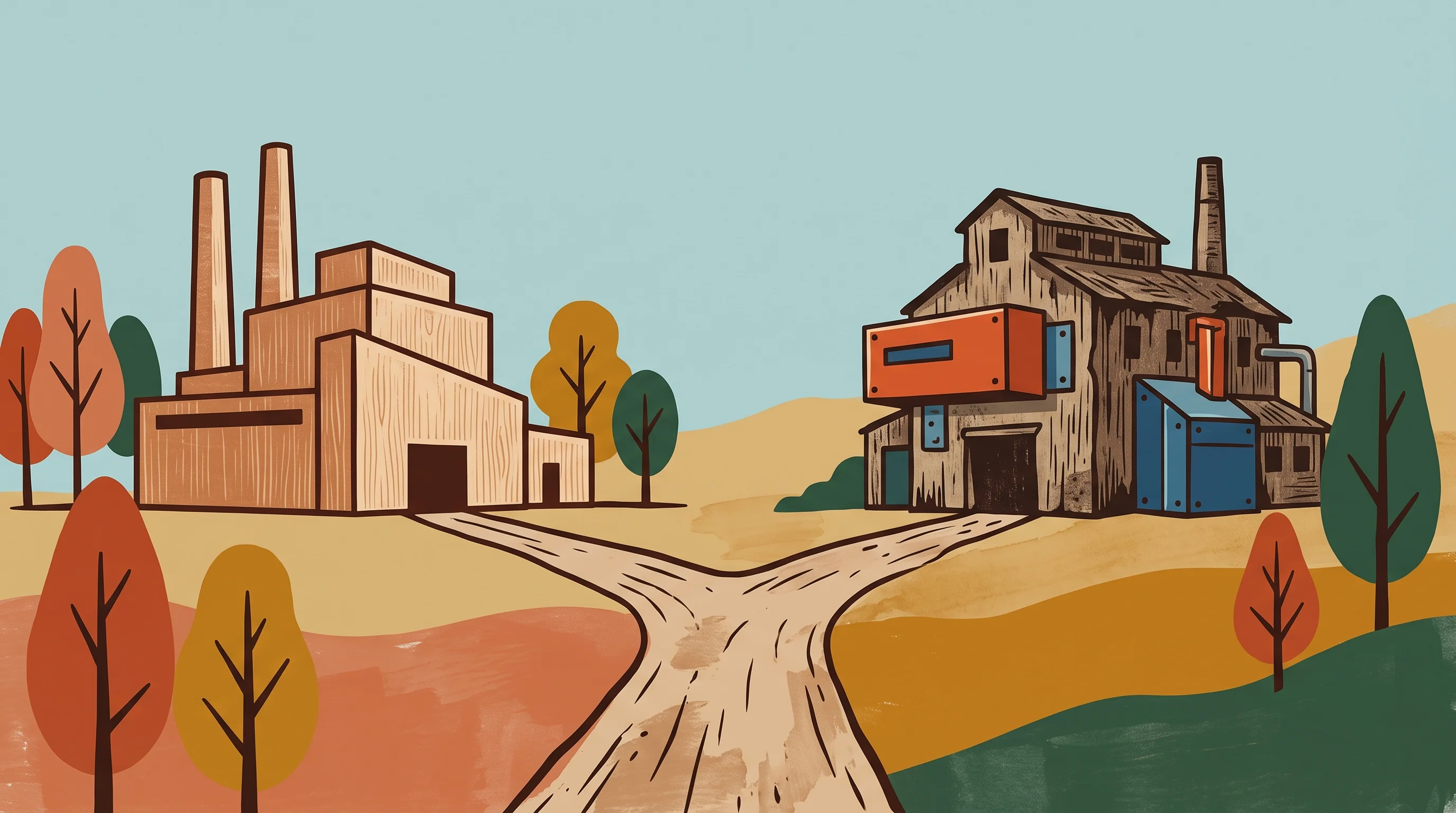 Digital illustration for article section "The Fork in the Road" in "YC-Backed Neuron Industries Races to Replace PLCs with AI Controllers" - A conceptual, minimalist illustration of a diverging pathway splitting toward two distinct industria...
