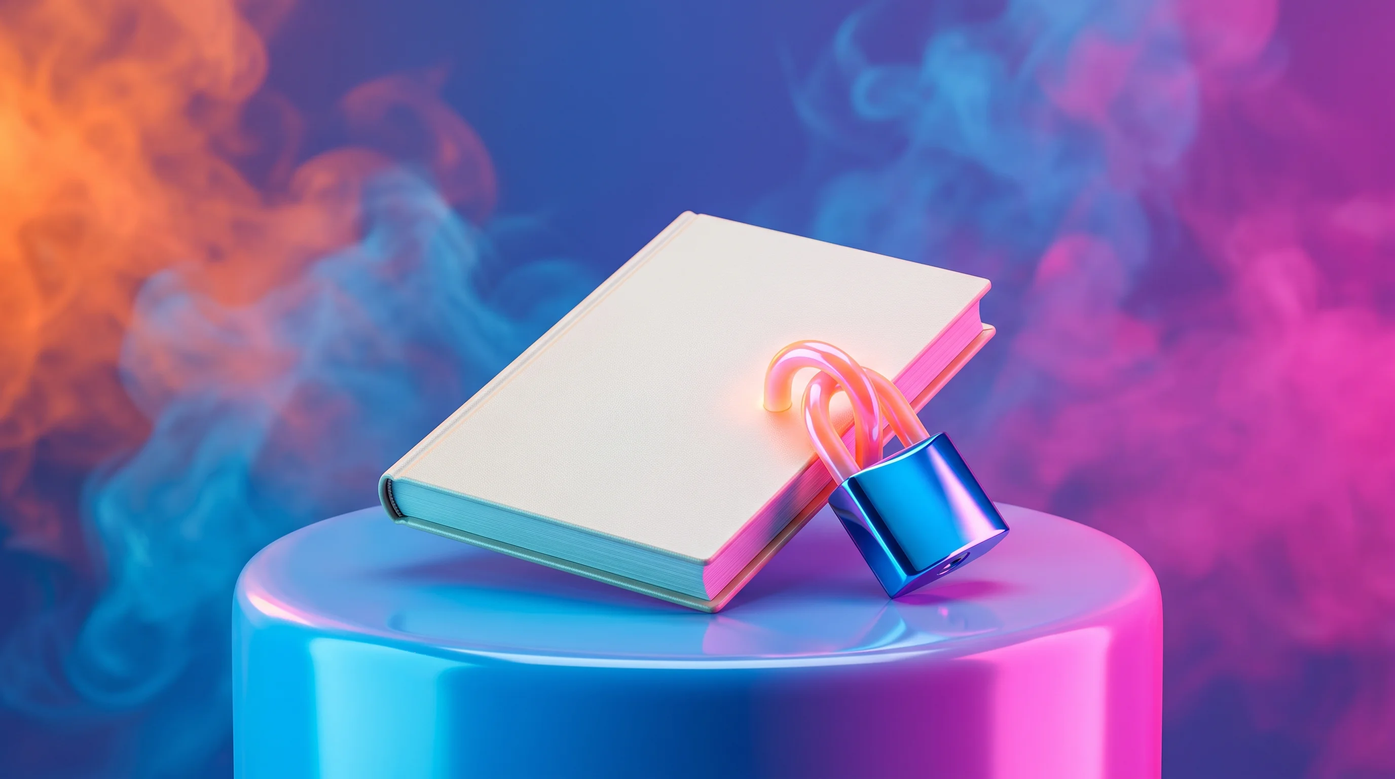 Digital illustration for article section "The Trust Problem" in "YC's Last Accounting Company: AI Agents Replace Bookkeepers" - A pristine, minimalist financial ledger book secured by a sleek, glowing padlock resting on a smooth...