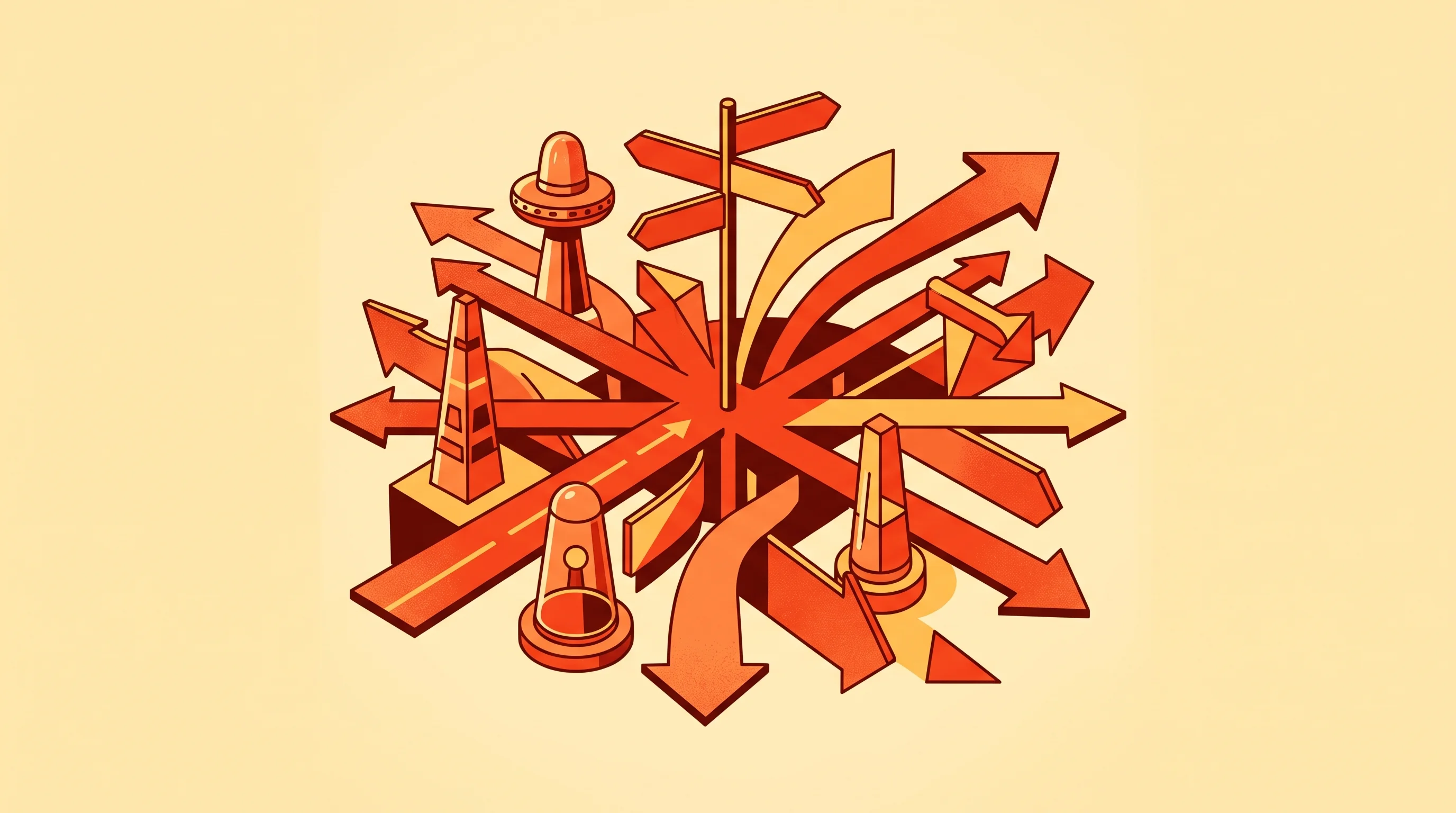 Digital illustration for article section "A Suddenly Crowded Field" in "YC-Backed Conifer Cuts AI Costs 80% With Local-First Routing" - A conceptual, minimalist illustration representing a suddenly crowded market of routing solutions, d...