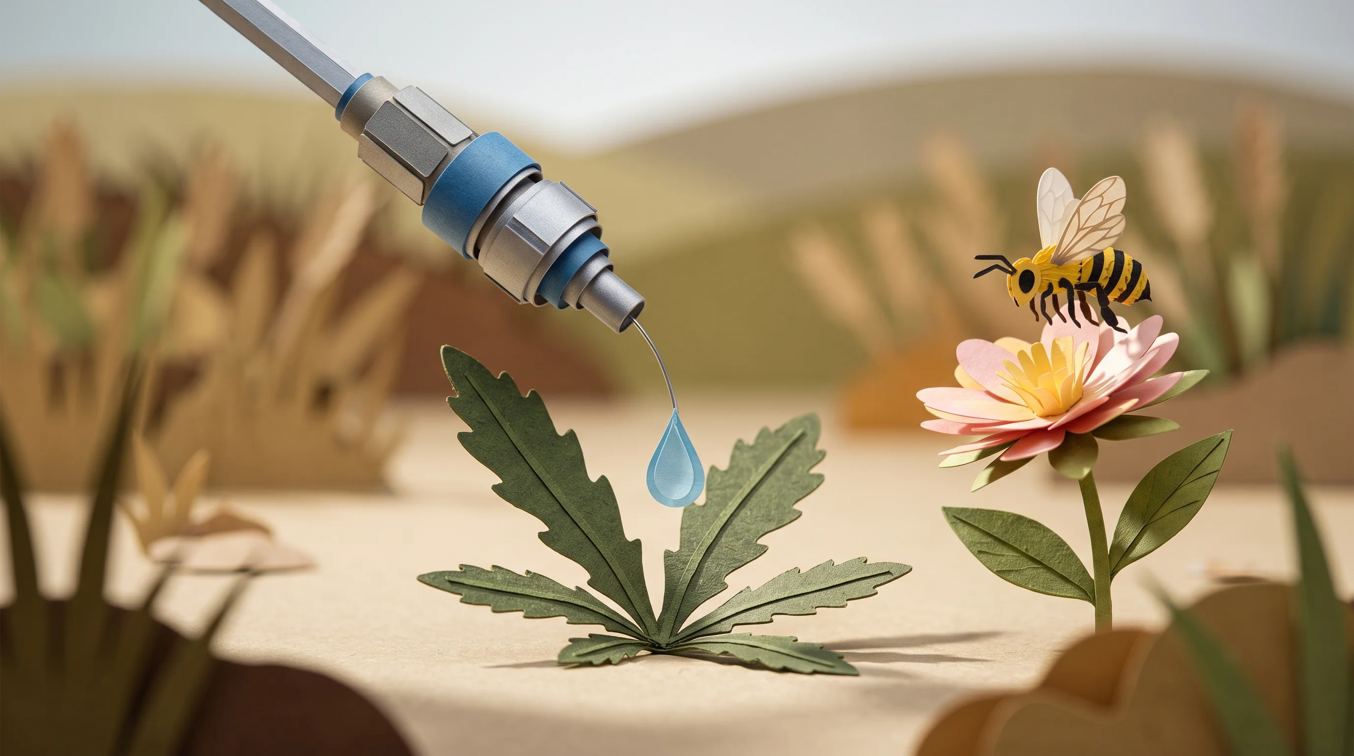 Digital illustration for article section "Smart Sprayers Amplify Selective Chemistry" in "Precision Biopesticides Target Pests, Spare Pollinators" - A conceptual 3D papercraft diorama illustrating precision agriculture and pollinator safety, featuri...