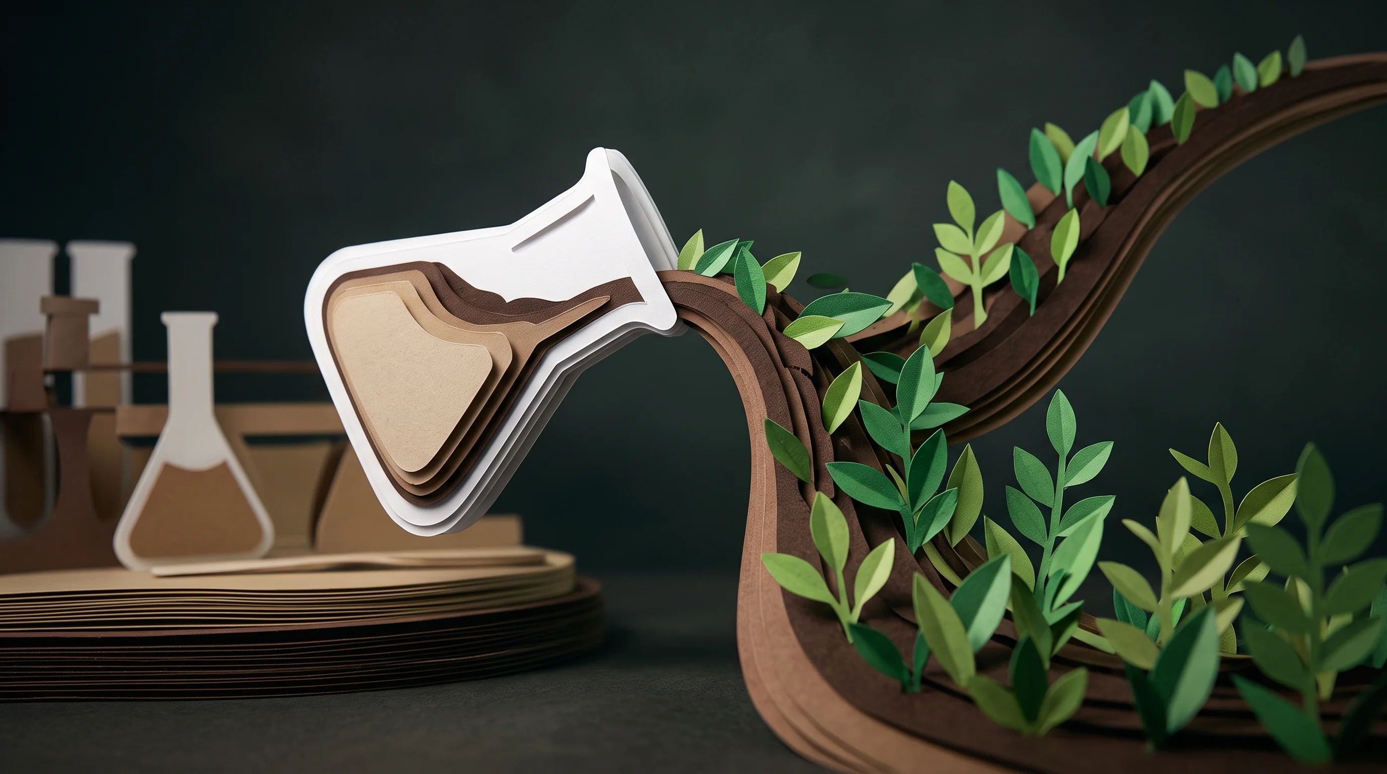 Digital illustration for article section "The Long Road from Lab to Field" in "Precision Biopesticides Target Pests, Spare Pollinators" - A highly textured, 3D papercraft diorama of a stylized laboratory beaker transforming into a lush ag...