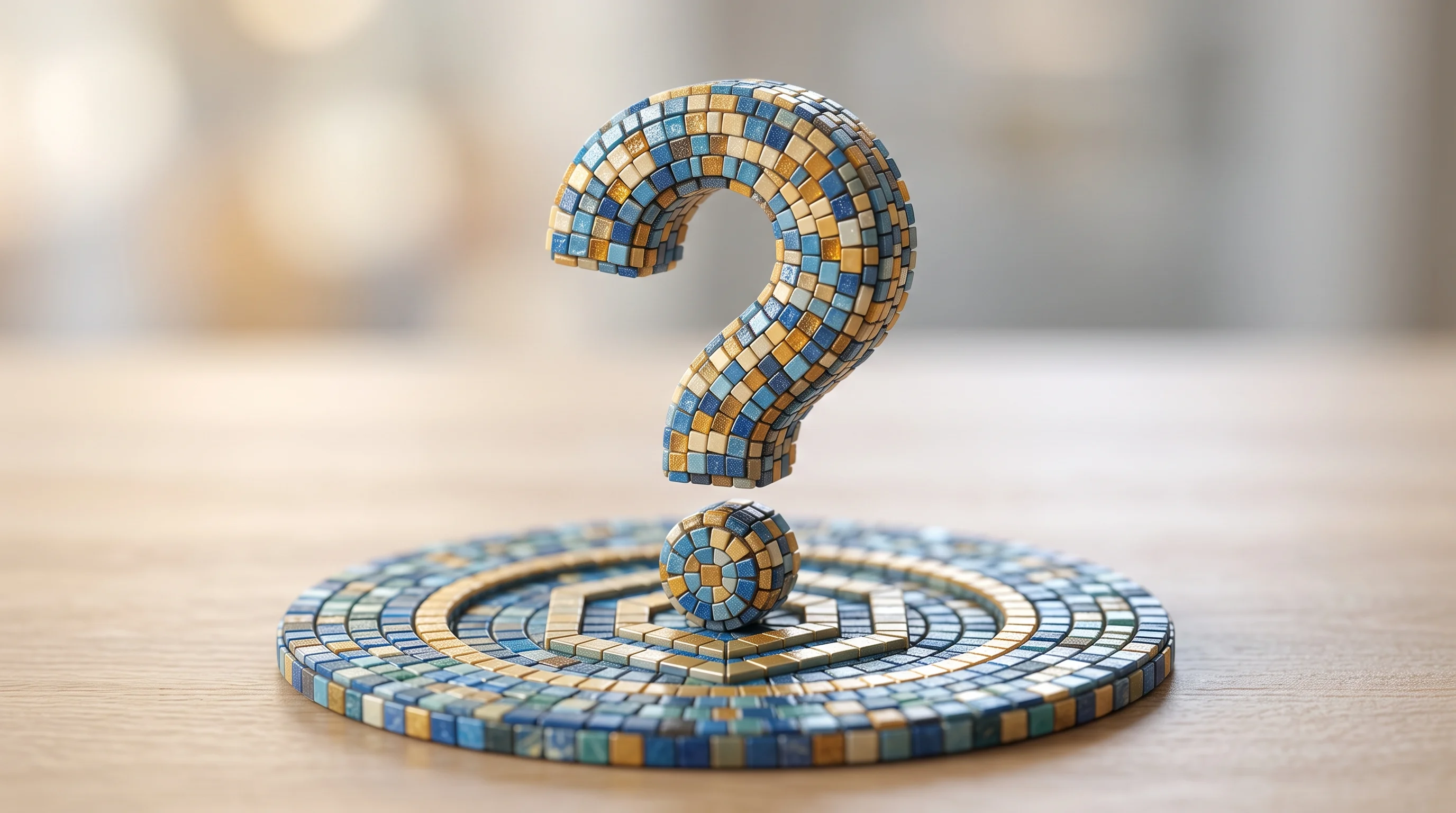 Digital illustration for article section "The Compliance Question Marks" in "YC's Async Targets Small Business AI Gap Left by Enterprise Players" - A clean, minimalist composition featuring a single, prominent 3D question mark resting gently upon a...