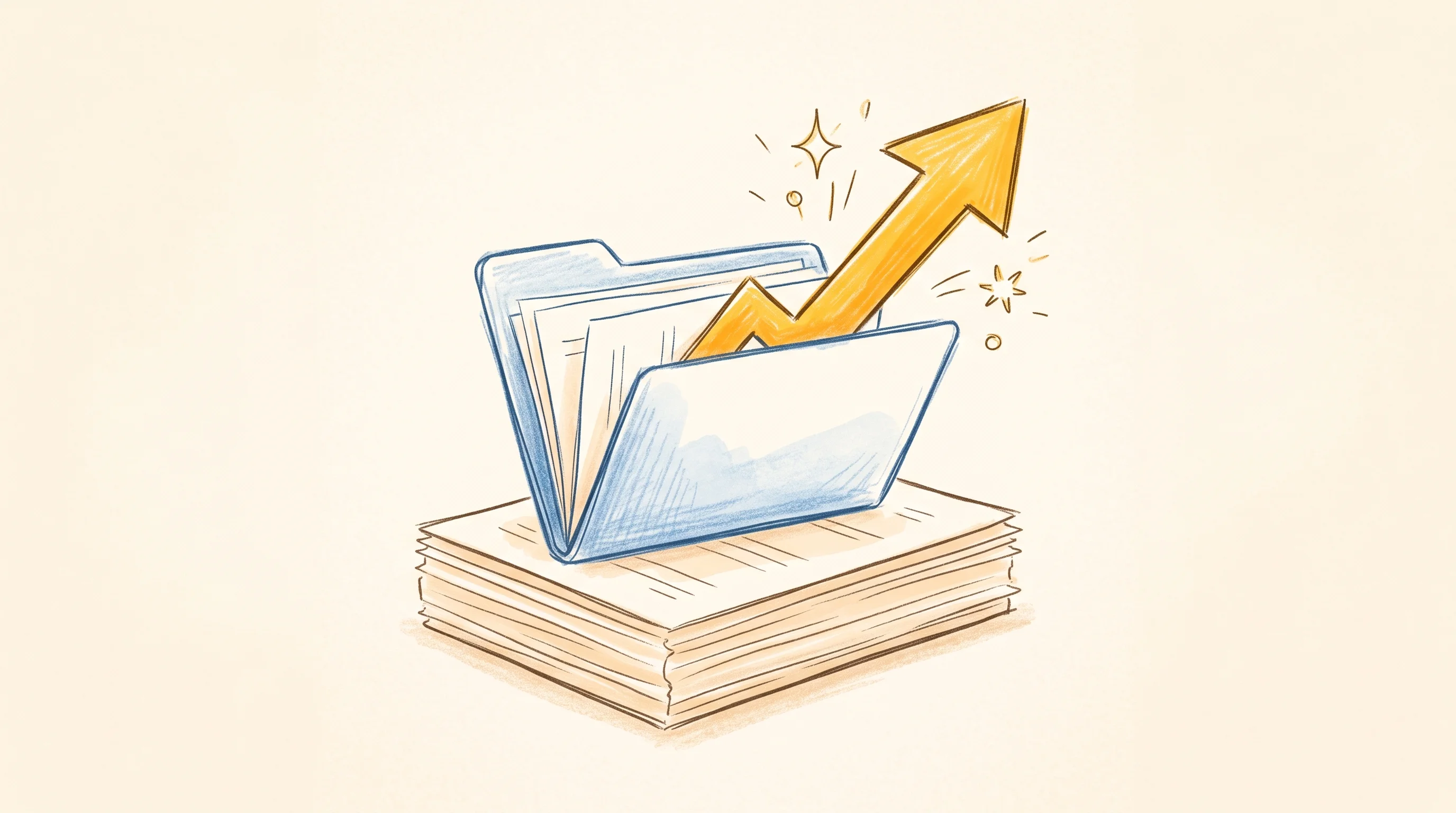 Digital illustration for article section "What It Actually Does" in "YC's Nex Bets AI Agents Can Automate GTM Across 1,000+ Tools" - A minimal, professional illustration of a single open file folder resting on a neatly organized stac...
