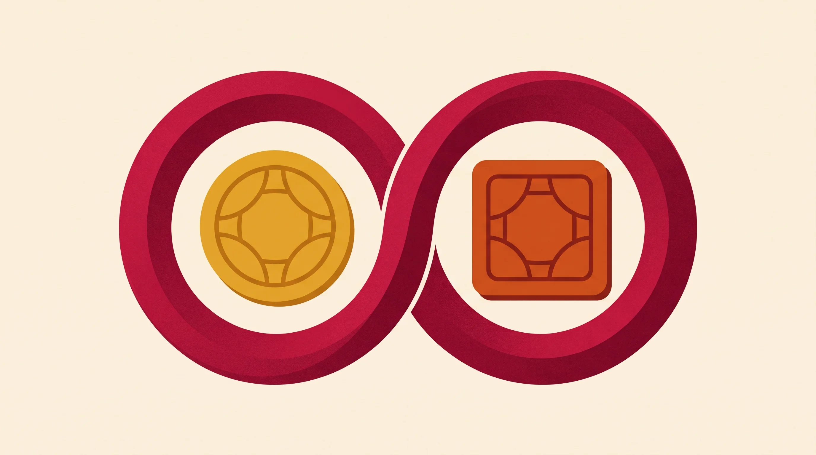 Digital illustration for article section "The Two-Person Bet" in "YC-Backed Olam Labs Tests AI Models Through Poker and Strategy Games" - A conceptual, minimalist illustration of two sleek, oversized game tokens resting perfectly balanced...