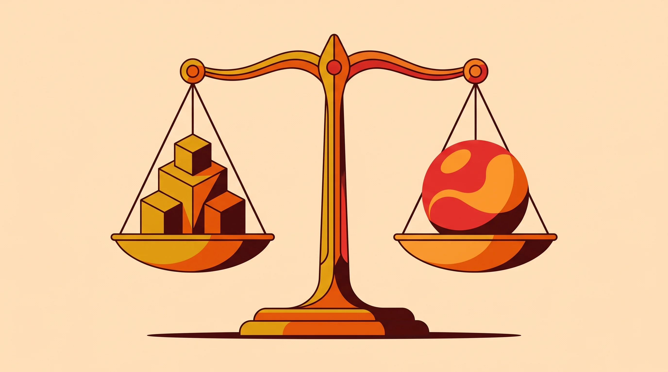 Digital illustration for article section "The Stakes Get Real" in "YC-Backed Olam Labs Tests AI Models Through Poker and Strategy Games" - A conceptual and minimalist composition featuring a single, large stylized balancing scale represent...