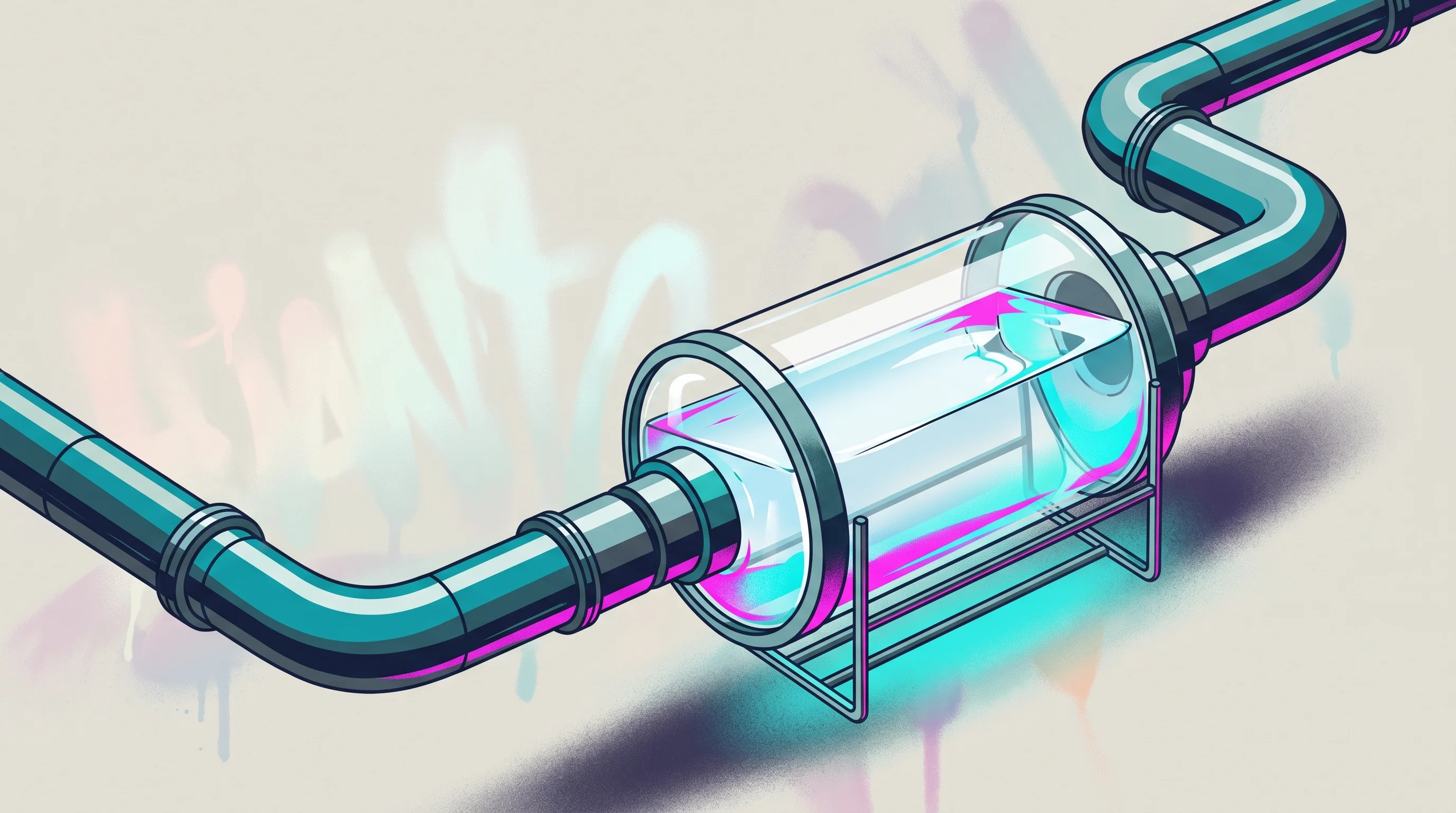 Digital illustration for article section "The Test Case Is Already Underway" in "How YC-Backed Rise Reforming Turns Waste Gas Into Critical Chemicals" - A clean, minimal composition of a modern industrial pipeline intersecting with a large, transparent ...