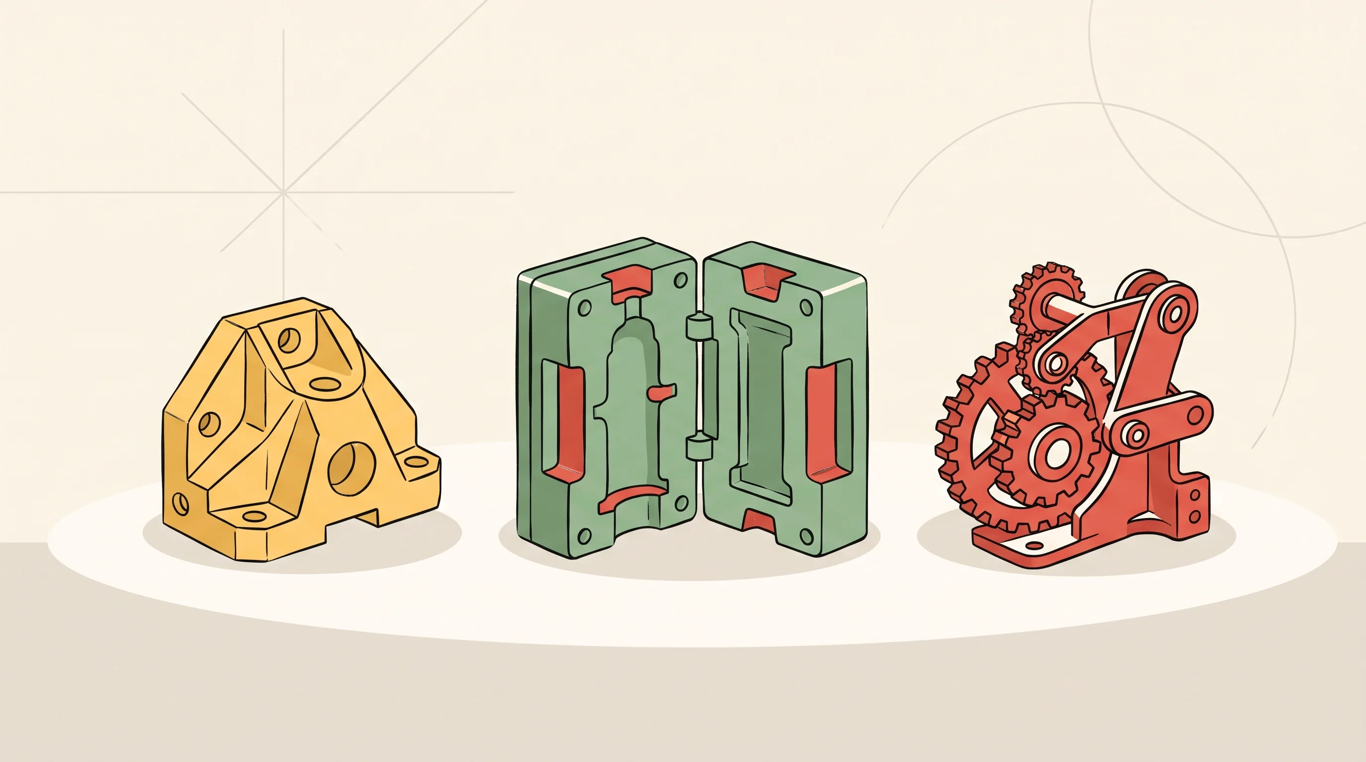 Digital illustration for article section "Job Shops and the Complexity Problem" in "Arzana Raises $4.3M Seed to Automate Manufacturing Operations with AI" - A minimalist illustration representing the unique, non-standardized nature of custom job shops and m...