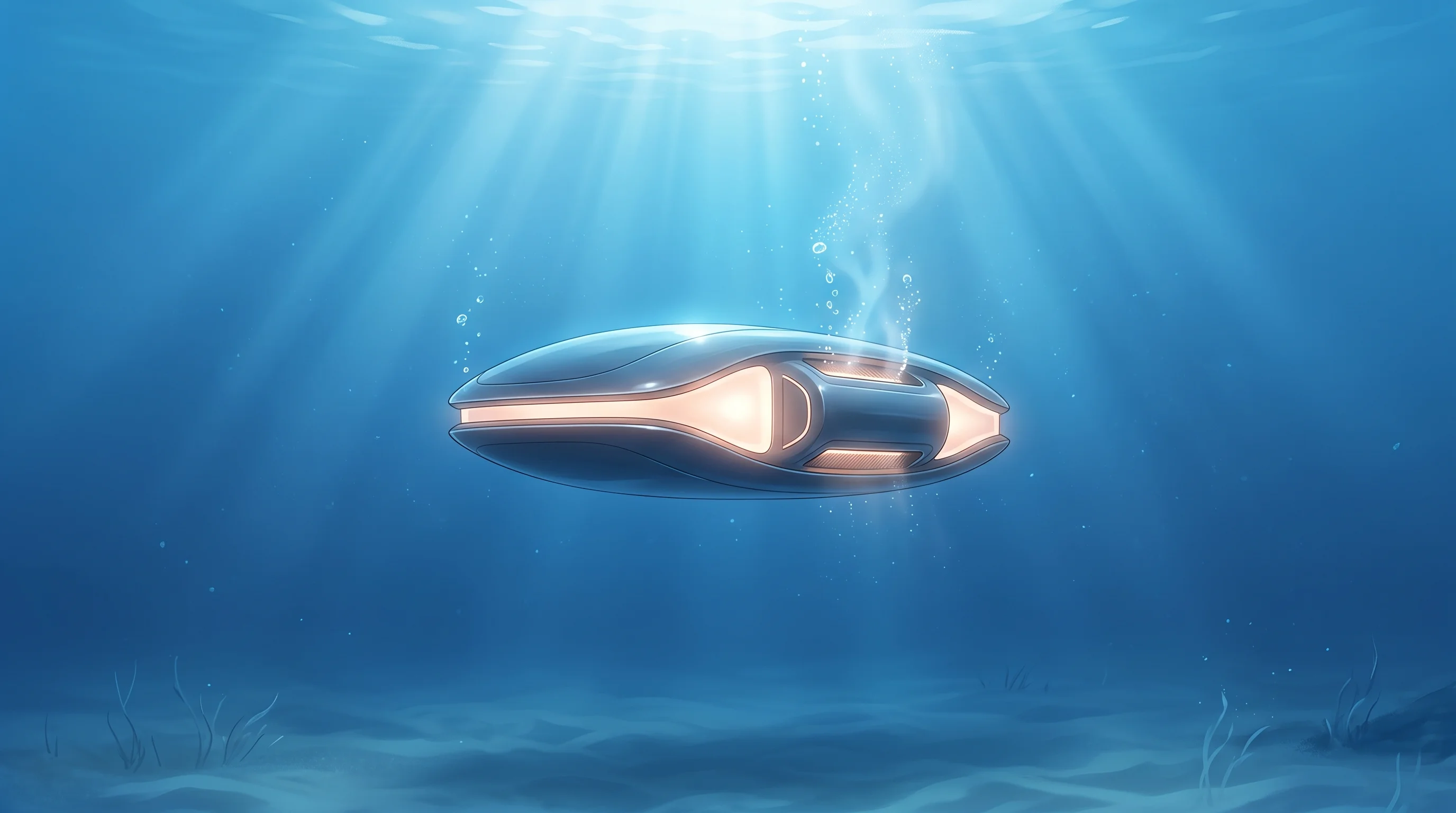 Digital illustration for article section "Content Section 3" in "Nuclear-Powered Floating Data Centers: Atomarine's Offshore Solution" - A single, sleek, hydrodynamic marine data center module suspended in a tranquil underwater environme...