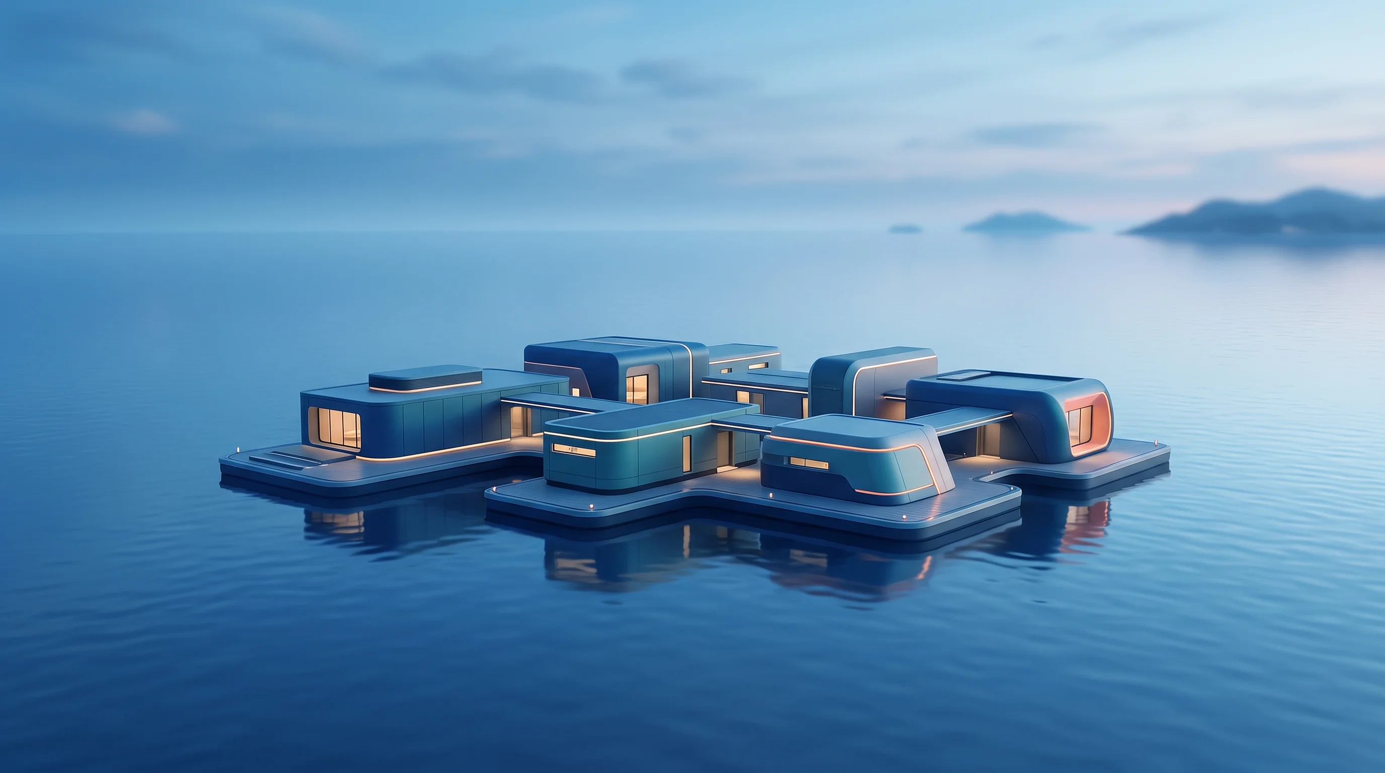 Digital illustration for article section "Content Section 5" in "Nuclear-Powered Floating Data Centers: Atomarine's Offshore Solution" - A sleek, modern modular floating facility resting peacefully on calm, expansive waters, representing...