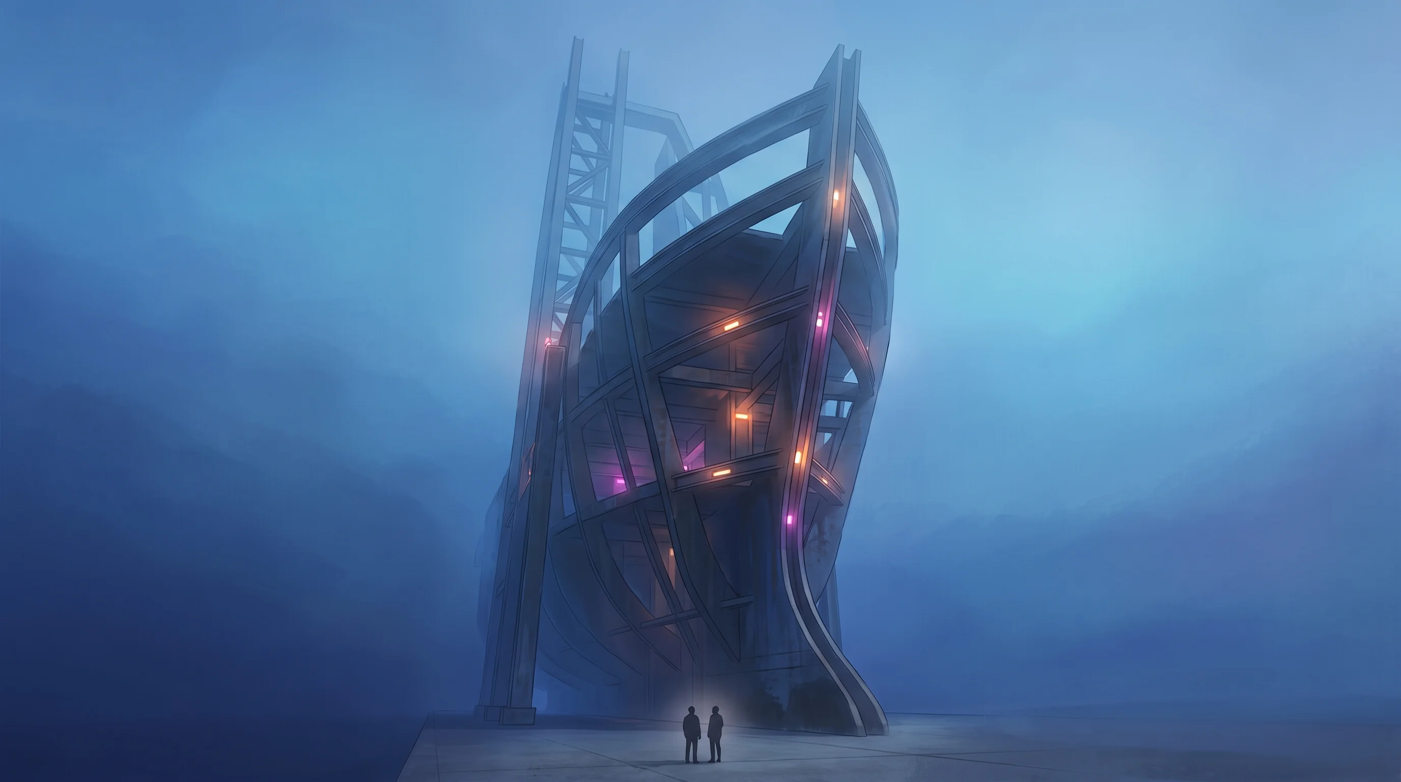 Digital illustration for article section "Content Section 7" in "Nuclear-Powered Floating Data Centers: Atomarine's Offshore Solution" - A towering, monumental shipyard structure, such as a colossal crane or the sweeping, abstract hull o...