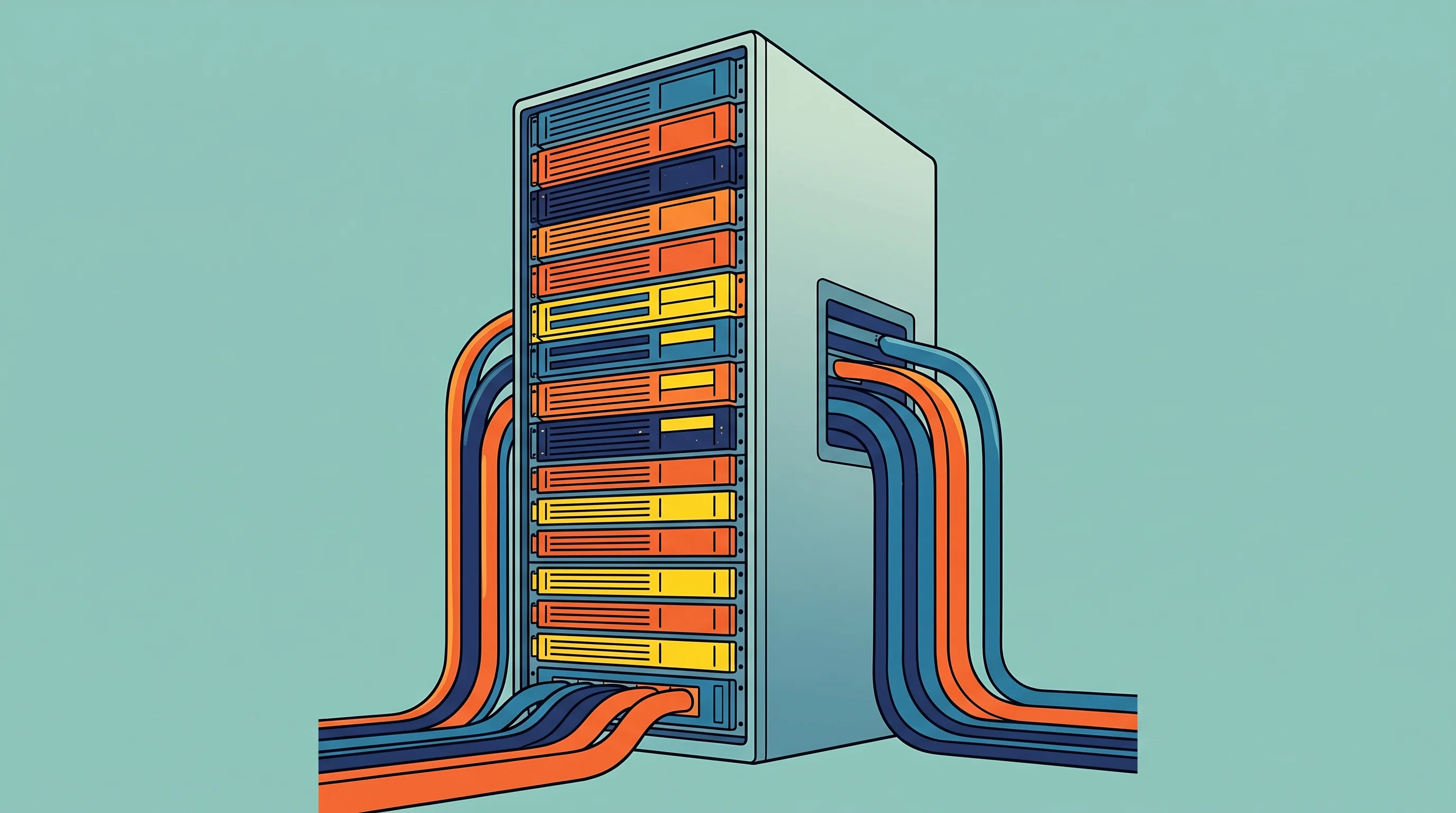 Digital illustration for article section "The Incumbent Response" in "Baud Labs Unveils AI Chip That Eliminates Multiplications for Model Training" - A towering, monolithic server rack system standing as a powerful central focal point, representing a...