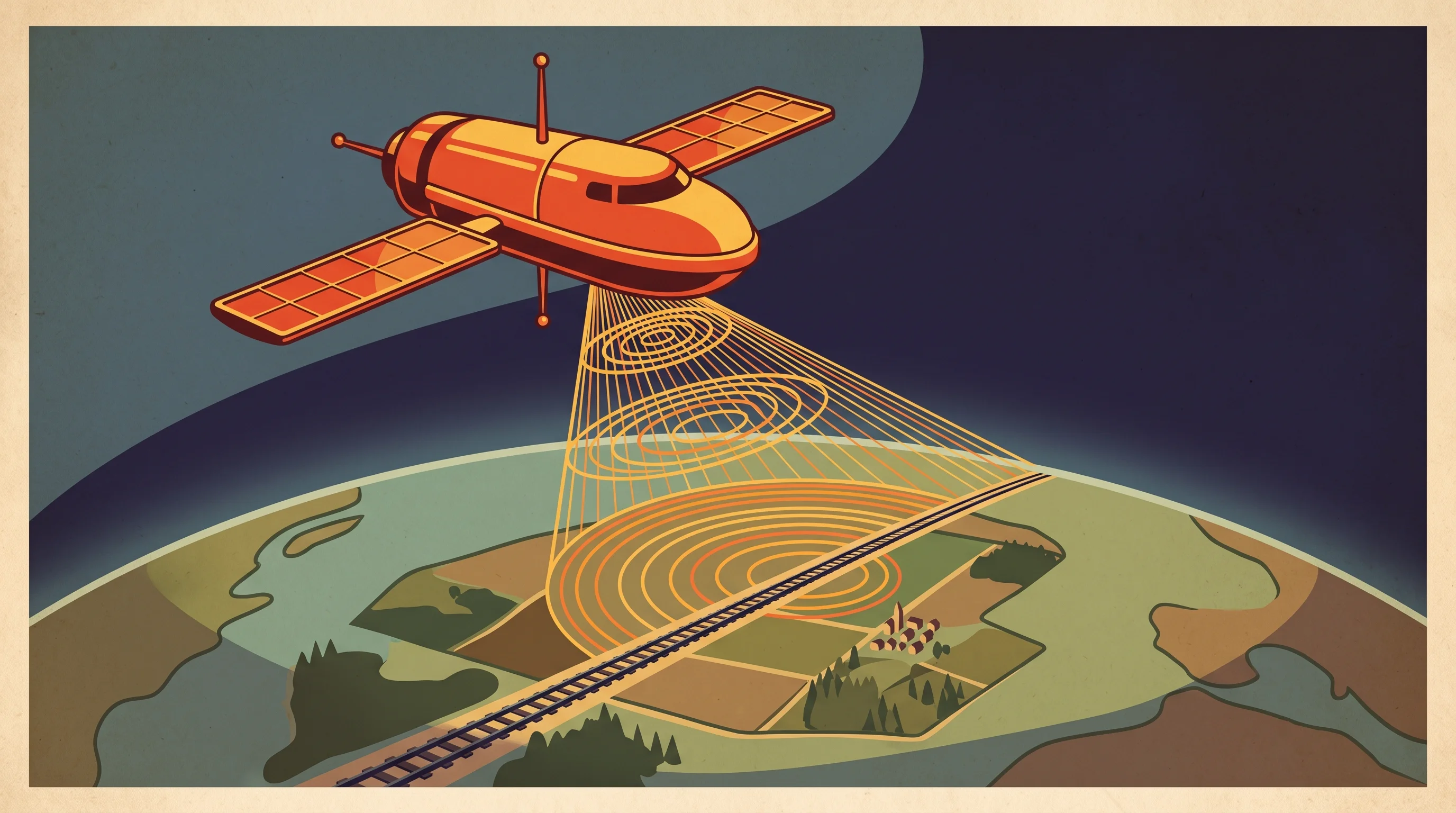 Digital illustration for article section "Building European Eyes in the Sky" in "LiveEO Raises €28M to Build Satellites for Infrastructure & Defense" - A clean, minimal illustration of a sleek, modern satellite hovering in orbit, looking down at a long...