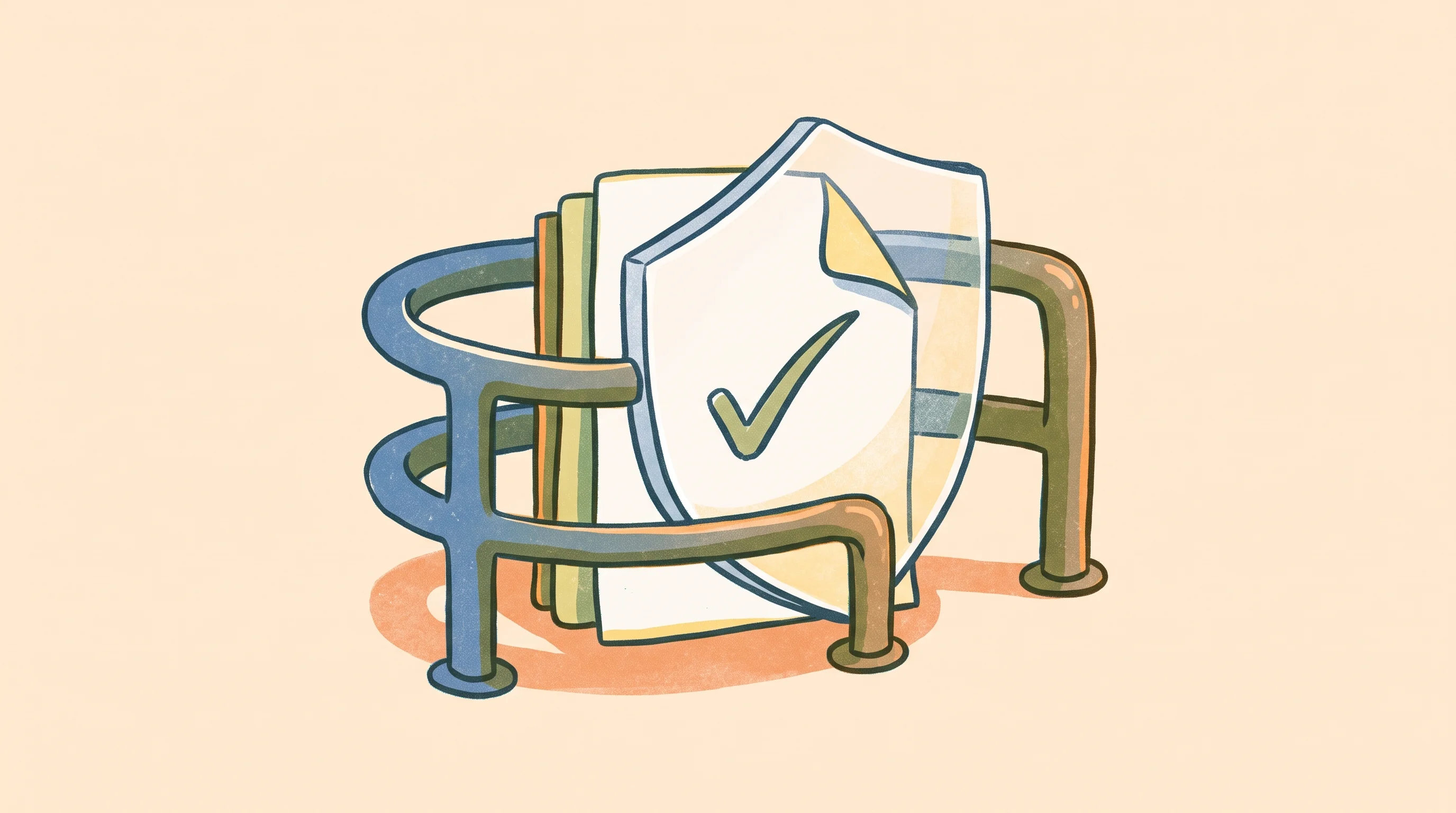 Digital illustration for article section "Compliance Theater or Real Guardrails?" in "Ashneer Grover Launches Fund My Staff for Employee Loans" - A conceptual, minimal illustration of a sturdy, curved guardrail securely wrapping around a neatly f...