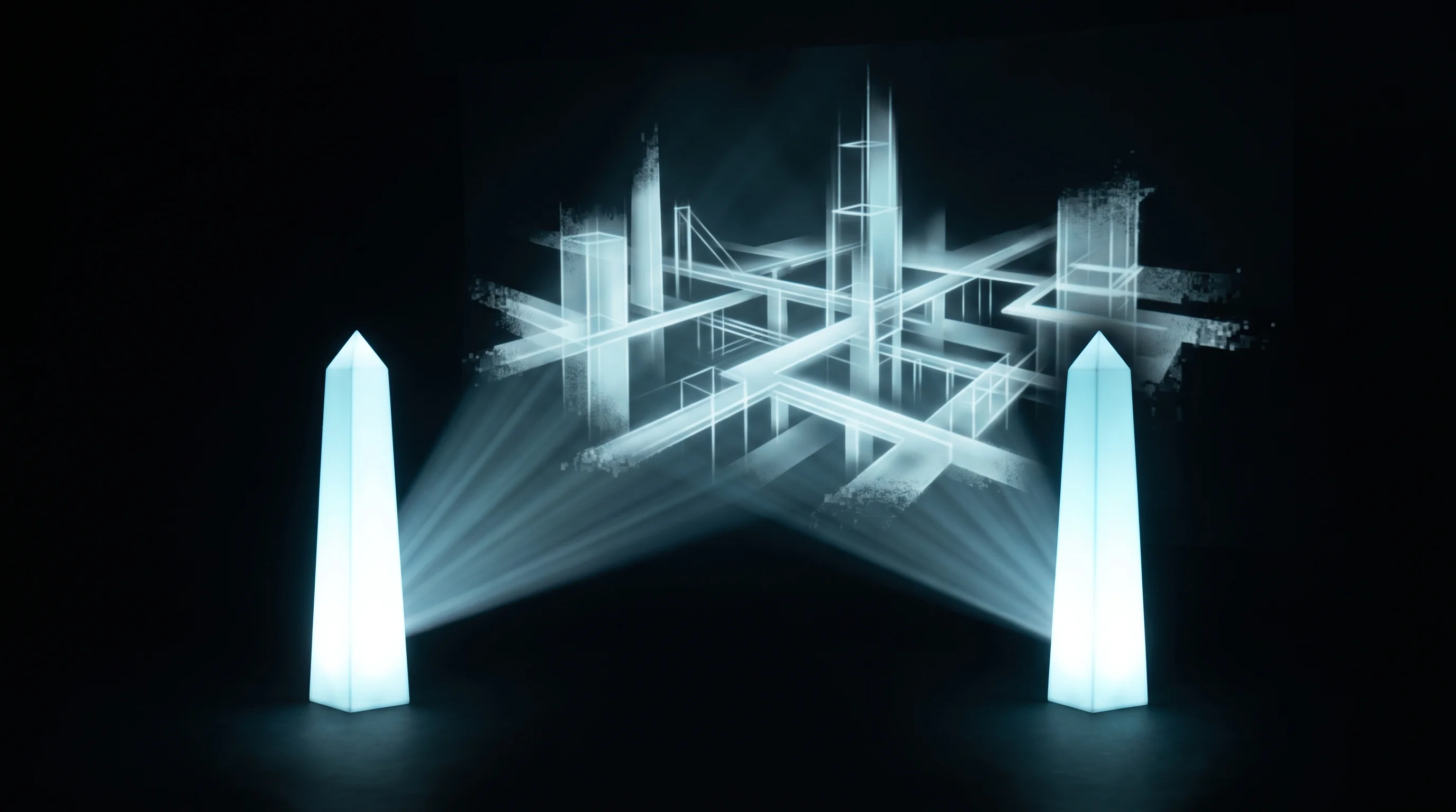 Digital illustration for article section "A Two-Person Startup Takes Aim" in "YC-Backed Maingen Builds RL Training Grounds for Industrial AI" - A conceptual, minimalist composition featuring two sleek, luminous geometric obelisks working in tan...