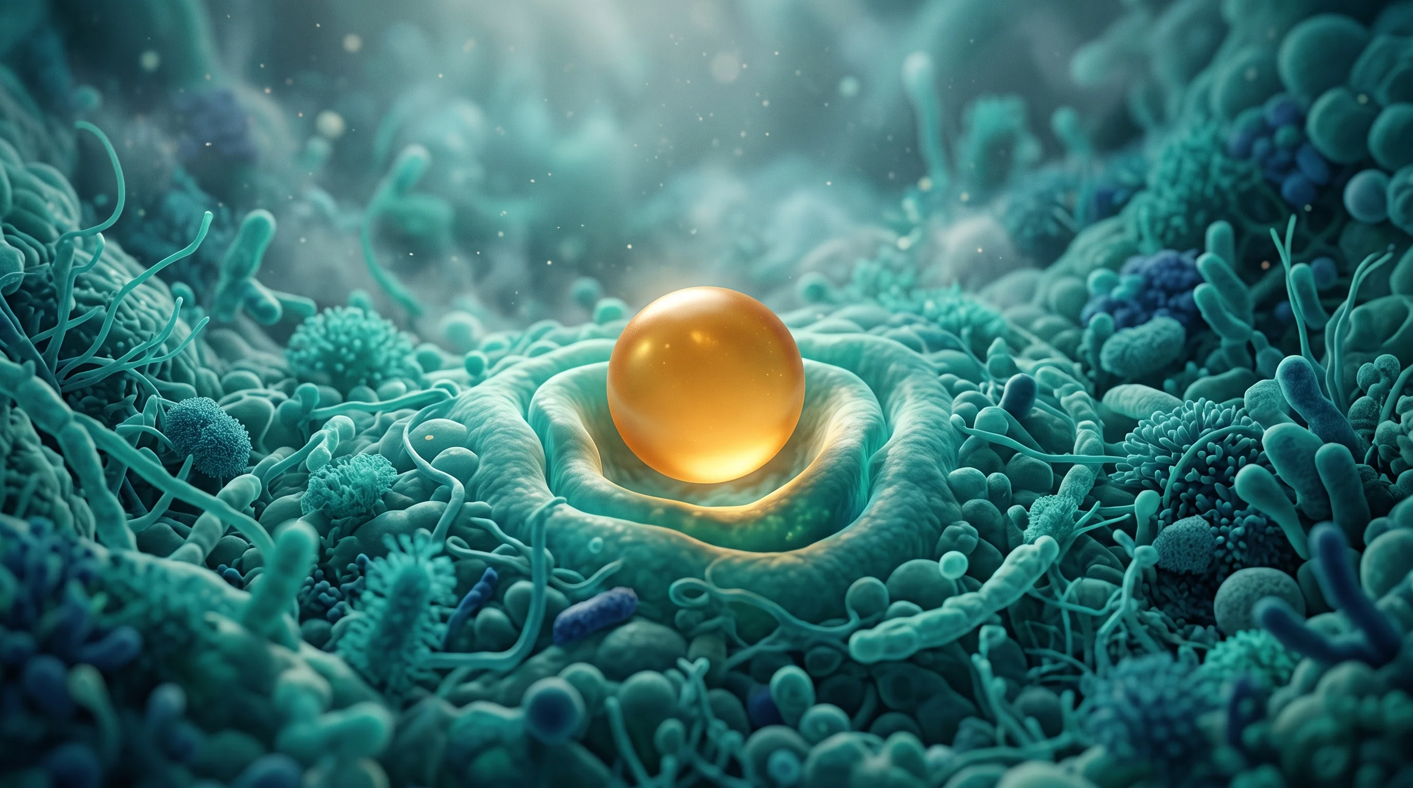 Digital illustration for article section "A Different Flywheel" in "The Probiotic Startup Where Customers Pay to Generate AI Training Data" - A conceptual, highly detailed visualization of a custom probiotic strain integrating into a gut micr...