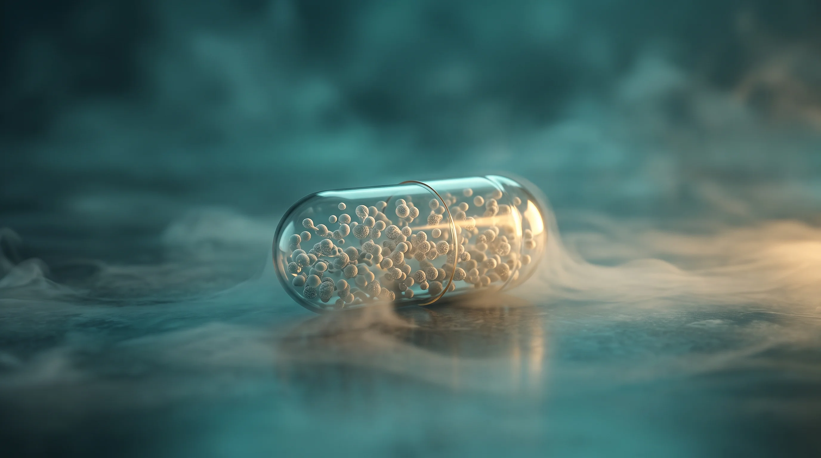 Digital illustration for article section "Market Realities and Regulatory Shadows" in "The Probiotic Startup Where Customers Pay to Generate AI Training Data" - A single, highly detailed, transparent probiotic capsule resting on a sleek, minimalist surface, ser...