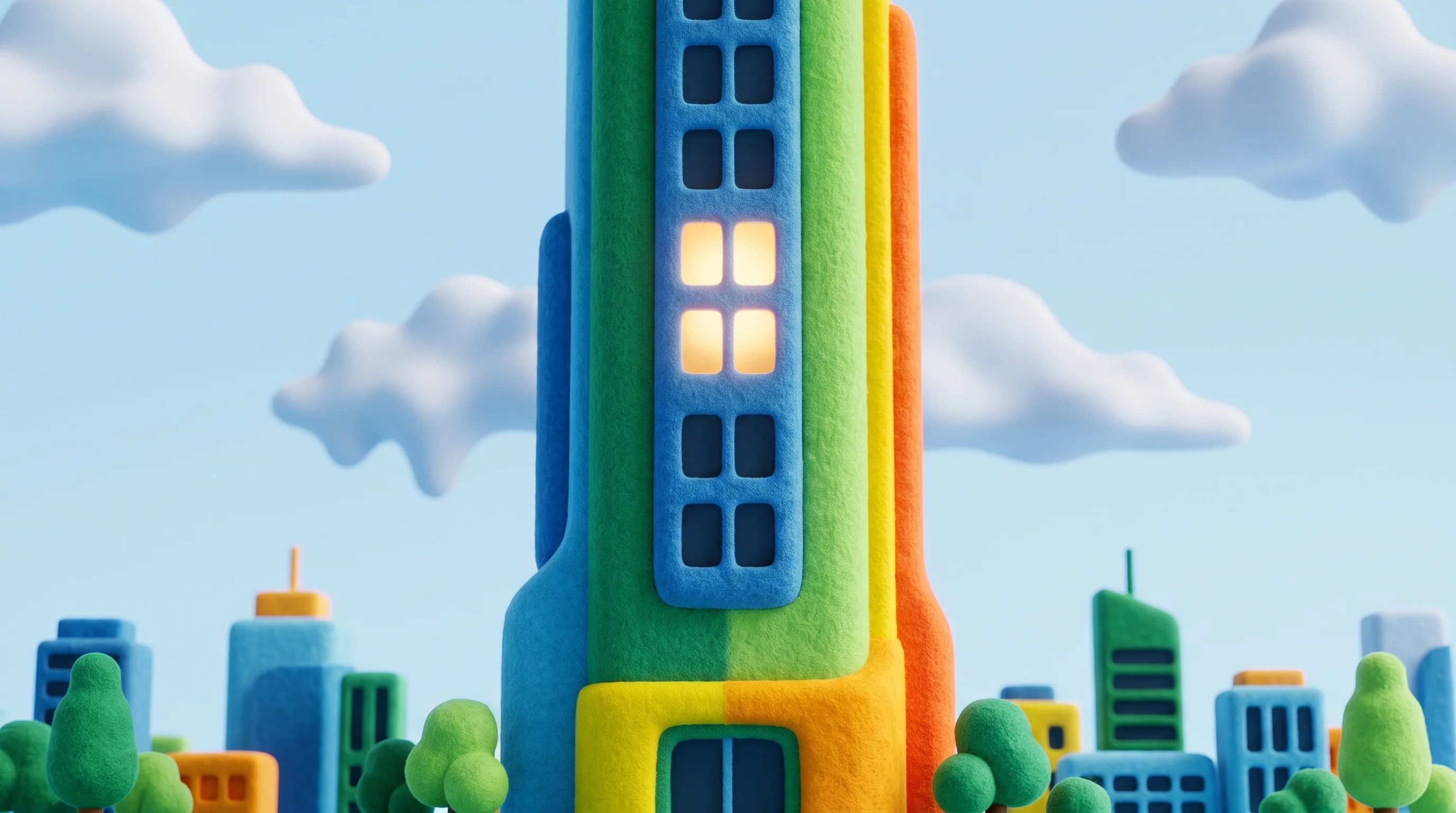 Digital illustration for article section "Where Things Stand Now" in "Kini's $4.3M Seed: Four Years Building Earned Wage Access in Indonesia" - A clean, minimal, and conceptual 3D illustration of a towering modern business skyscraper, represent...