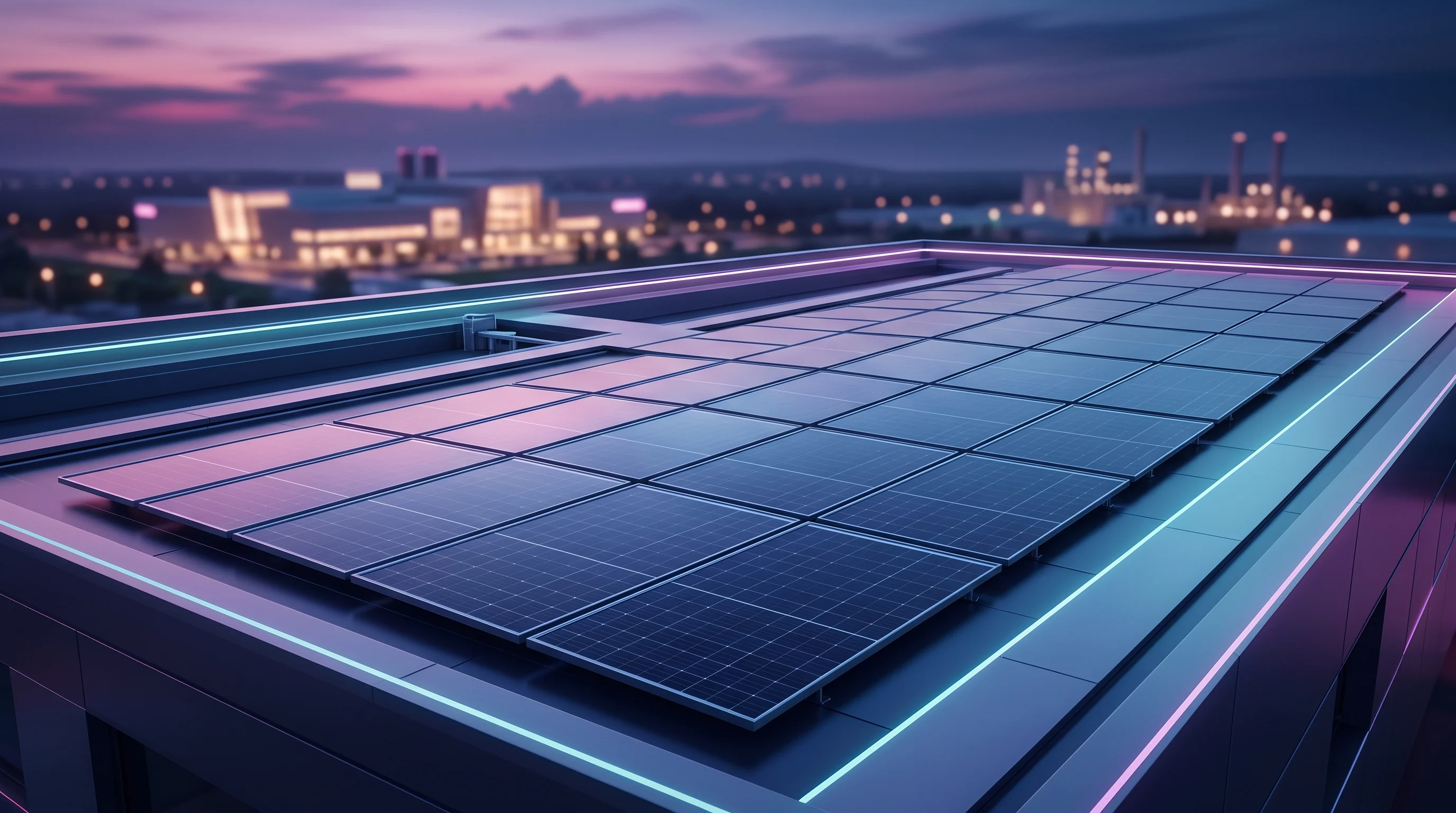 Digital illustration for article section "A Growing Portfolio" in "Xurya's $21.5M Series A Fueled Indonesia's Solar Revolution" - A sleek, minimalist corporate rooftop featuring a clean, geometric array of modern solar panels, sym...