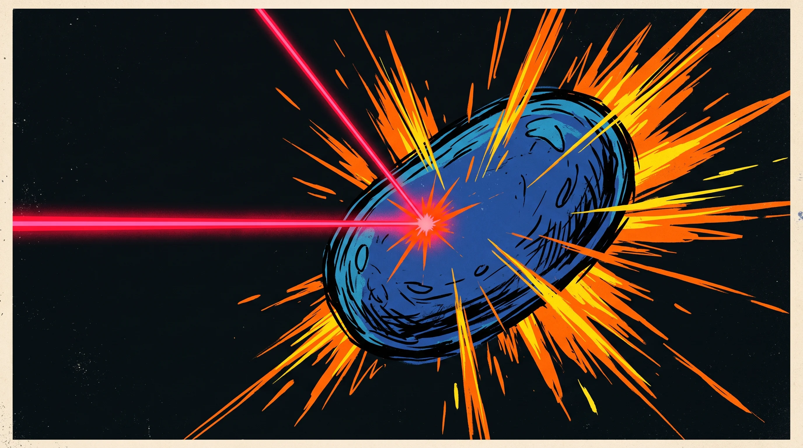 Digital illustration for article section "Raman Spectroscopy Meets Machine Learning" in "Oxford's Vivid Dx Raises Seed to Fight Sepsis with 30-Min Test" - A minimalist, conceptual illustration of a single bacterial cell being illuminated by a precise lase...