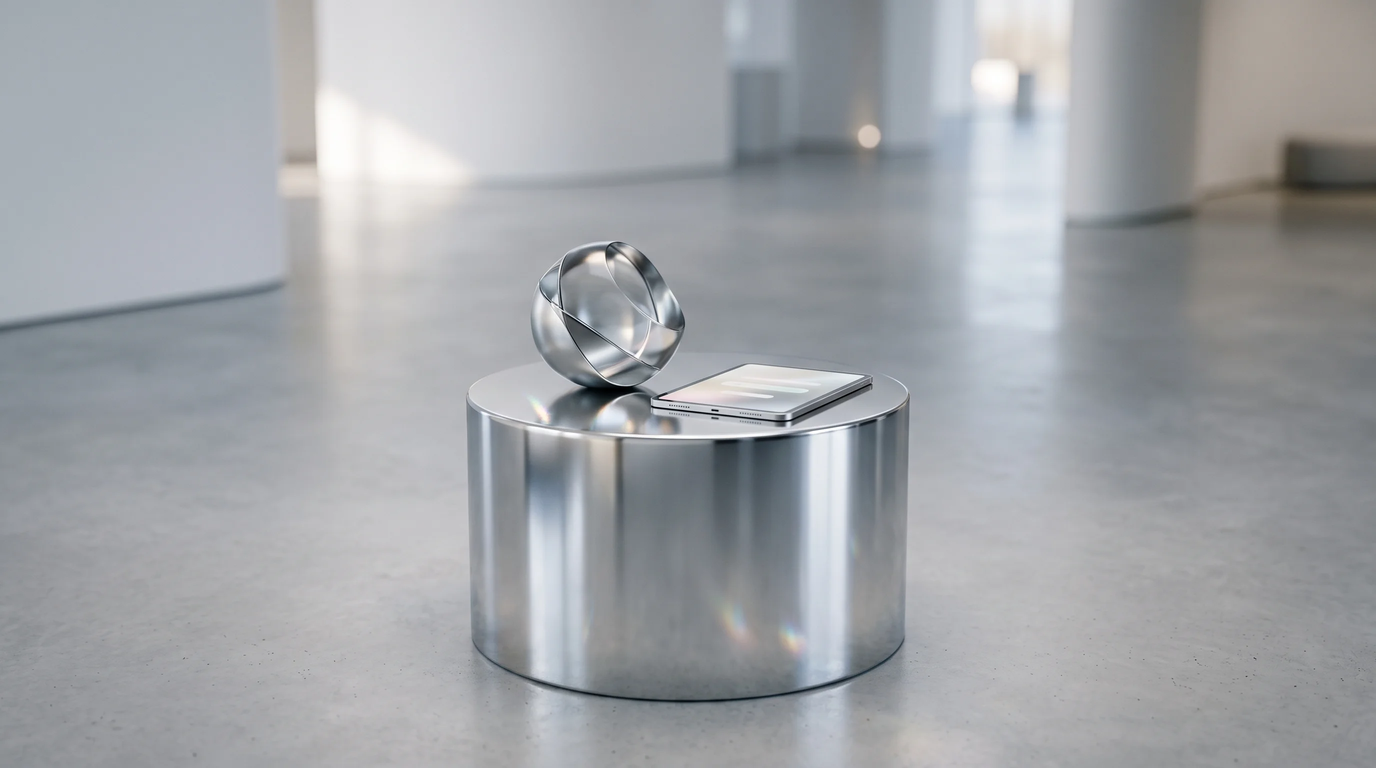 Digital illustration for article section "What Happens Next" in "iPhone Inventors Build Camera That Sees Through Walls for Construction" - A sleek, minimalist exhibition display pedestal standing in the center of a modern, uncluttered expo...