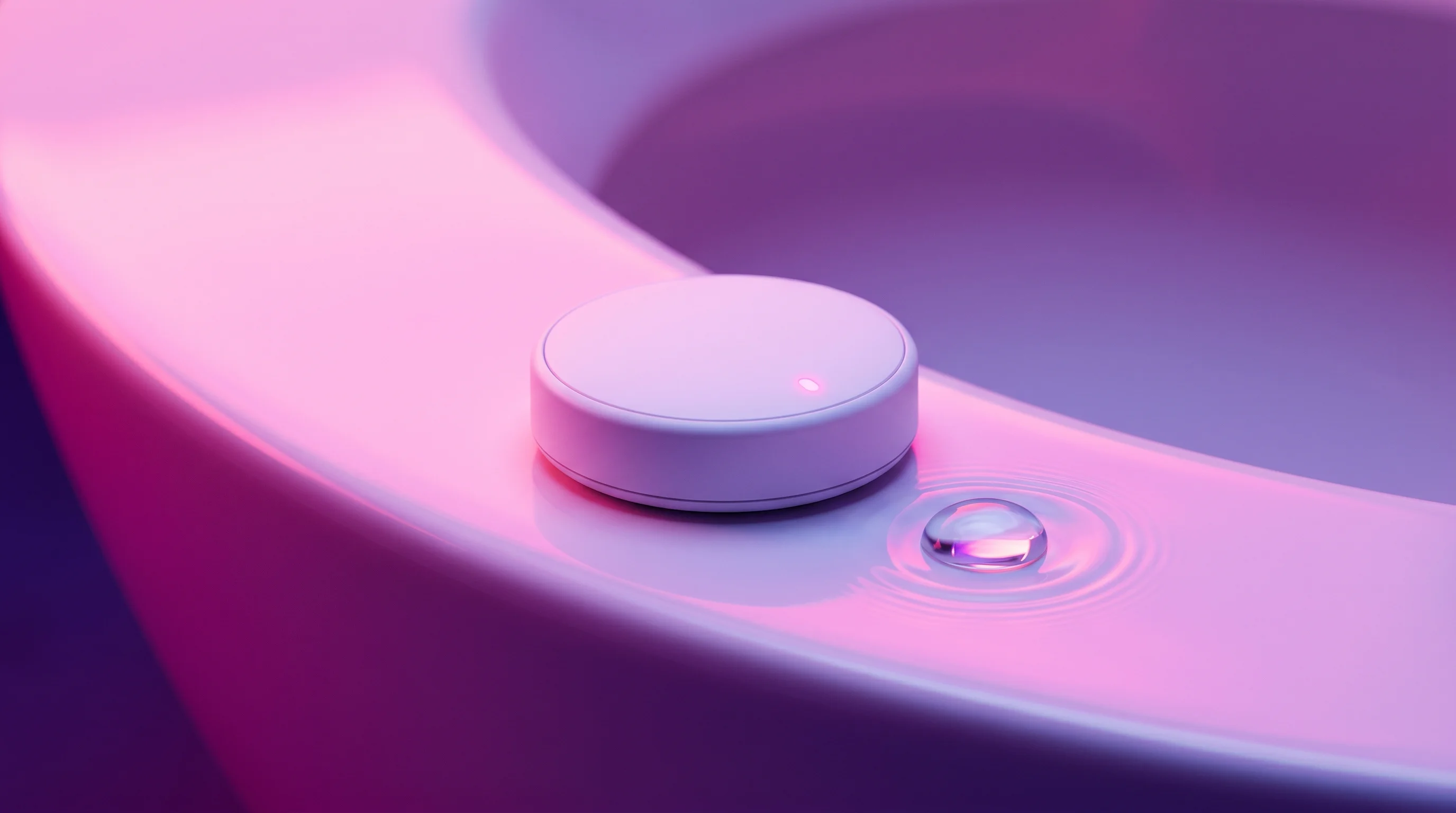 Digital illustration for article section "Not Exactly a Blue Ocean" in "Throne Raises $10M Series A for AI-Powered Toilet Health Sensor" - A sleek, minimalist white circular puck sensor resting gently on a smooth, elegantly curved white po...