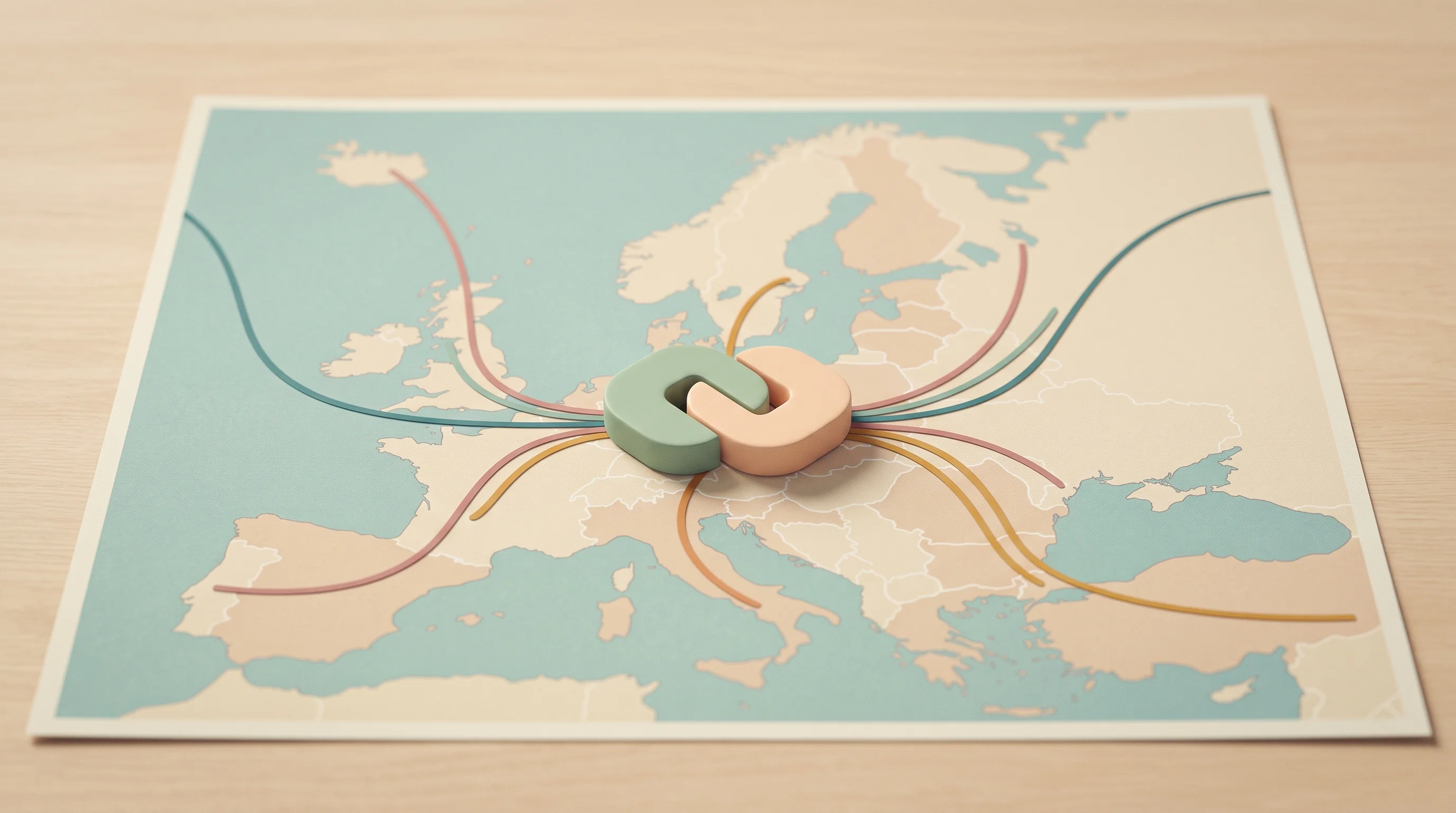 Digital illustration for article section "Partnerships and Rollout" in "Ex-Netflix Payments Leads Raise €7.2M for Nopan's Performance Platform" - A minimalist and conceptual composition representing European partnerships and optimized routing, fe...