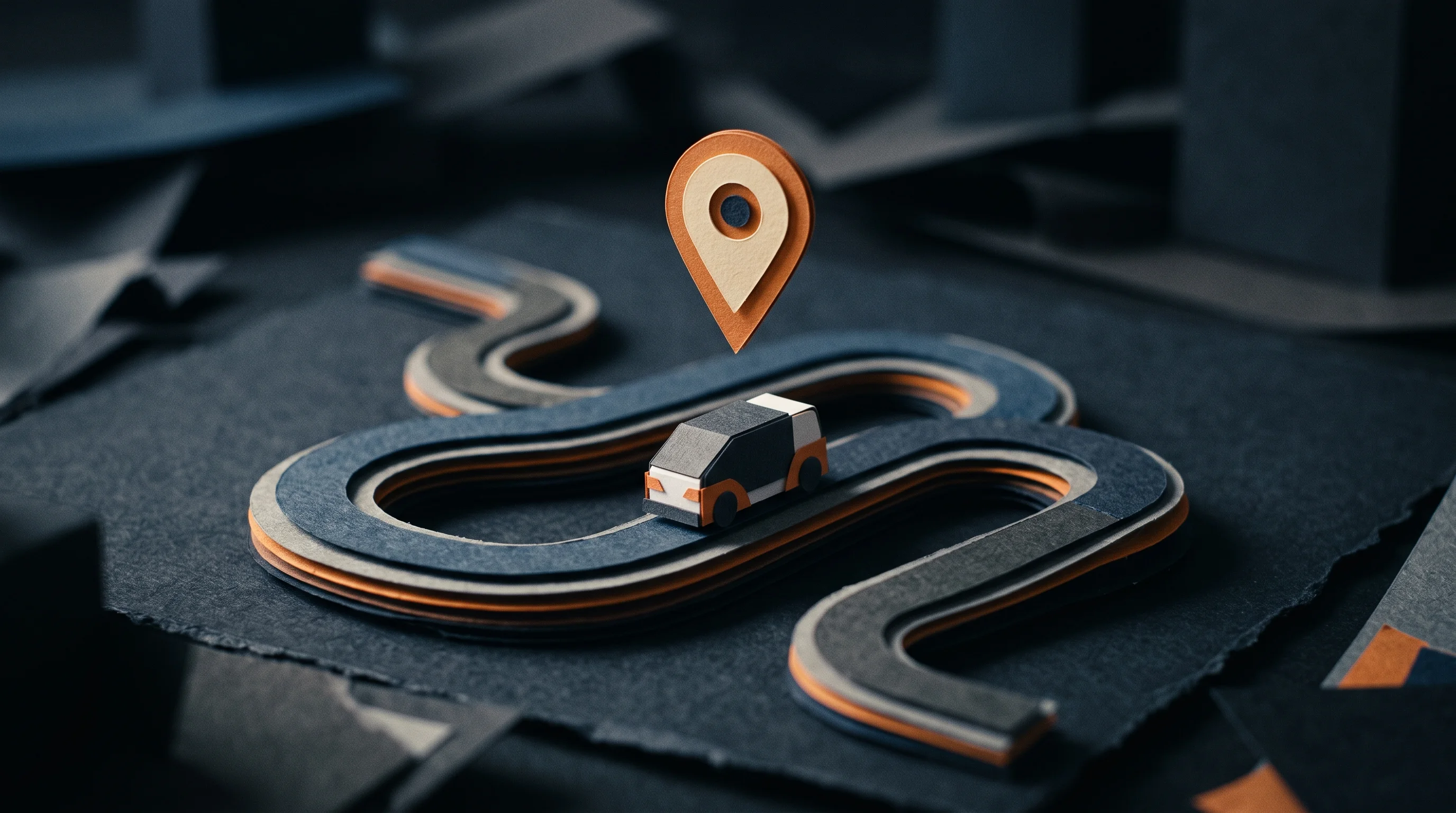 Digital illustration for article section "The Moovit Blueprint, Revisited" in "Moovit Founders' AI Math Tutor Vimi Raises $12M Seed Round" - A minimalist, conceptual 3D papercraft diorama representing a transit navigation blueprint and auton...