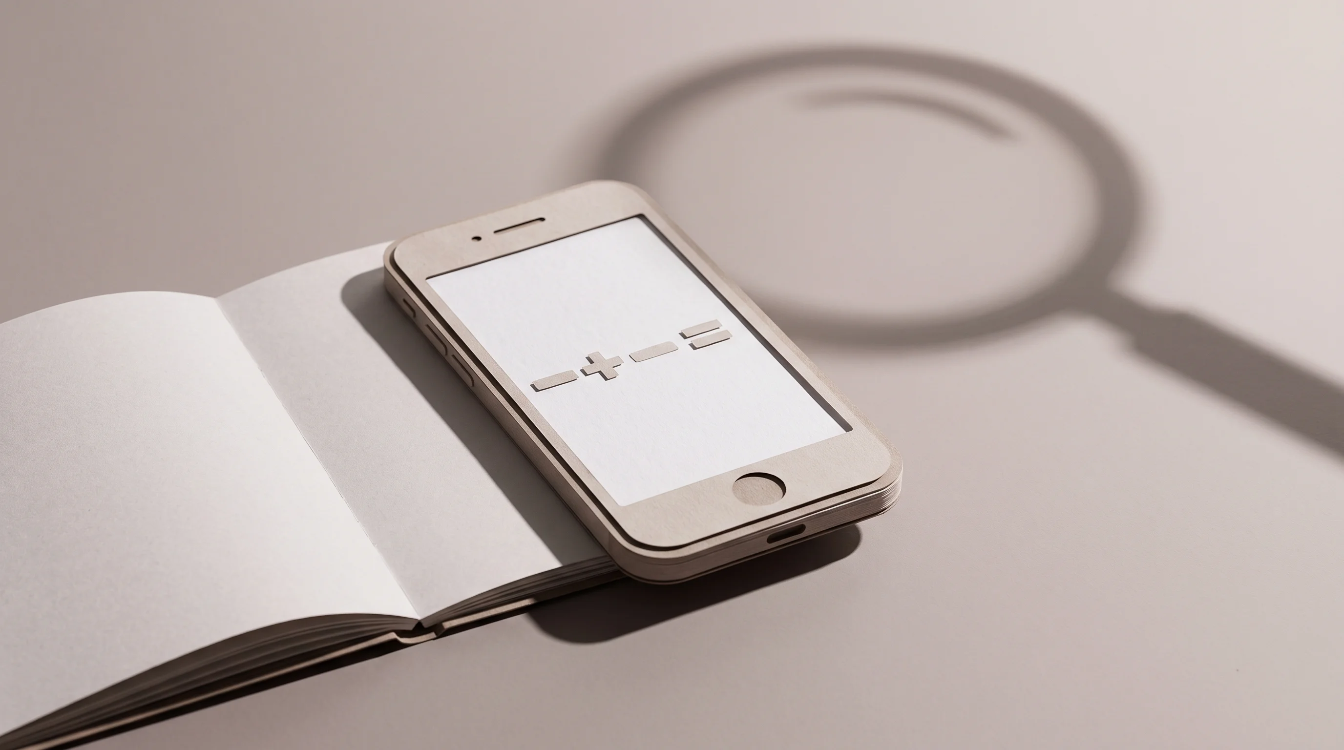 Digital illustration for article section "Free, Funded, and Already in Students' Hands" in "Moovit Founders' AI Math Tutor Vimi Raises $12M Seed Round" - A minimalist, conceptual 3D papercraft diorama of a modern smartphone resting on an open notebook, i...