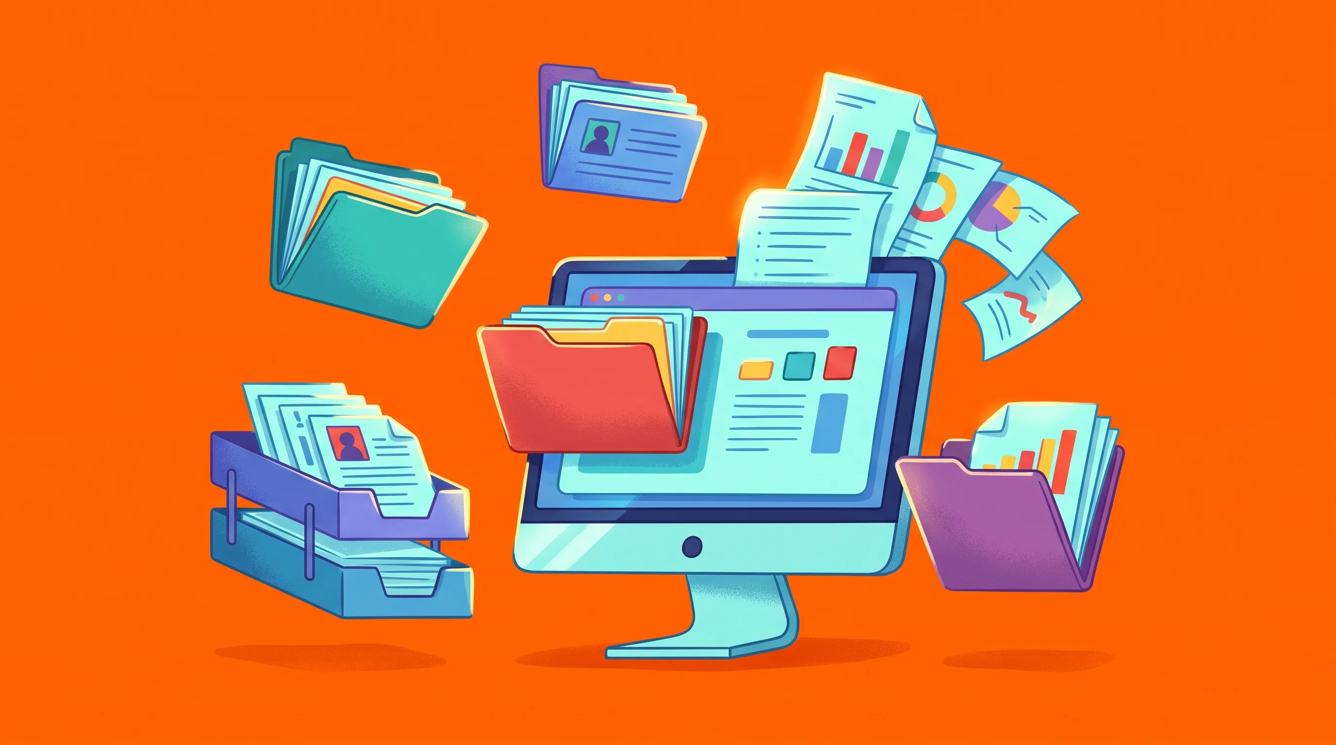 Digital illustration for article section "Automating the Drudgework of B2B" in "Polar Raises $5.7M for AI Browser That Outperforms OpenAI, Anthropic" - A dynamic, slightly asymmetrical composition featuring a stylized, autonomous computer monitor effor...