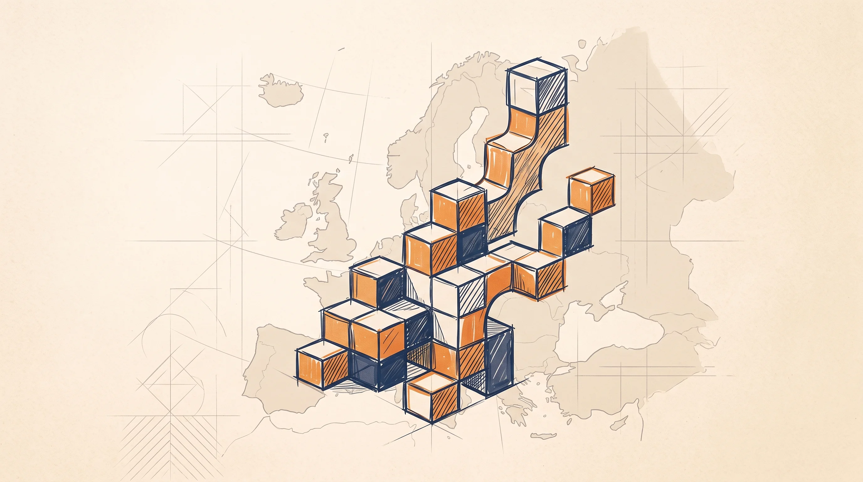 Digital illustration for article section "What Happens Next" in "5U AI Raises $3.2M to Automate Freight Ops with AI Workers" - A minimal and conceptual illustration representing a startup in full build mode and European expansi...