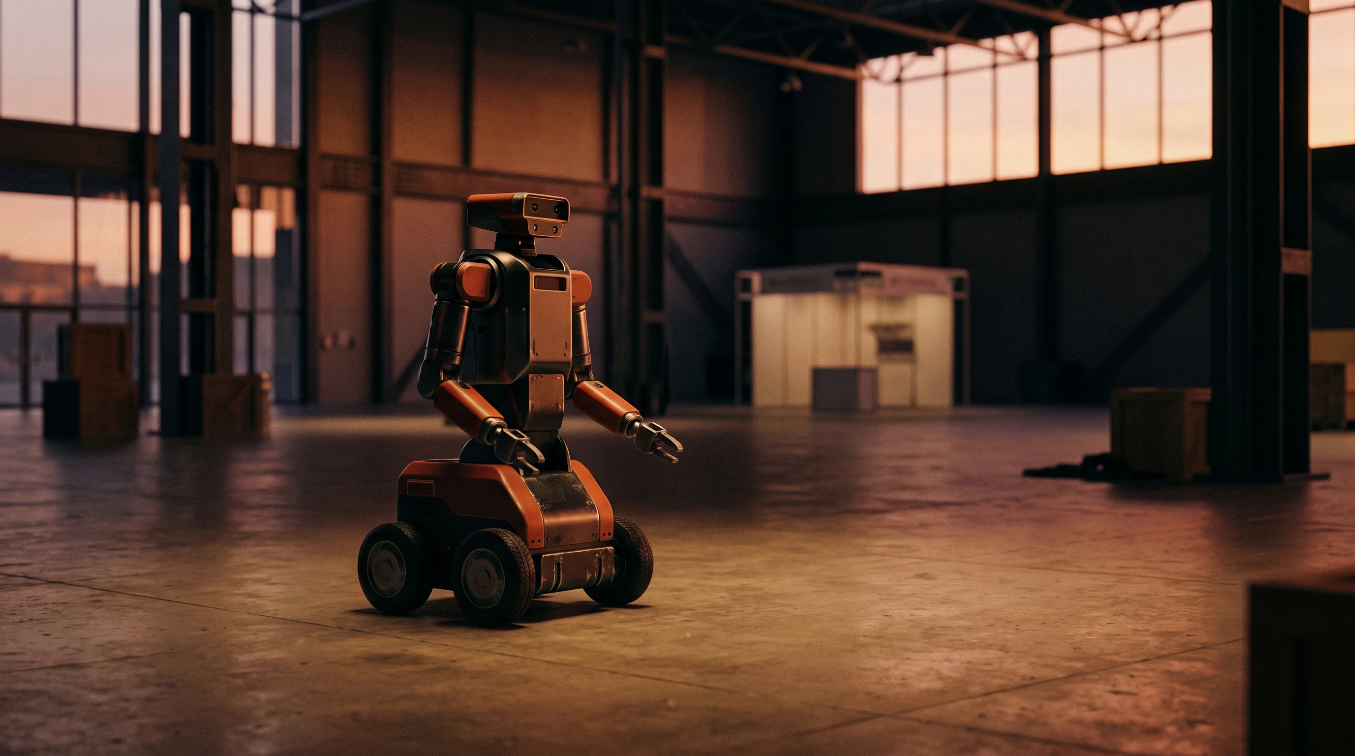 Digital illustration for article section "The Companies Building It" in "India's Physical AI Revolution: Robotics Startups Raise $55M in 2026" - A conceptual, minimalist composition focusing on a single, sleek wheeled humanoid industrial robot p...