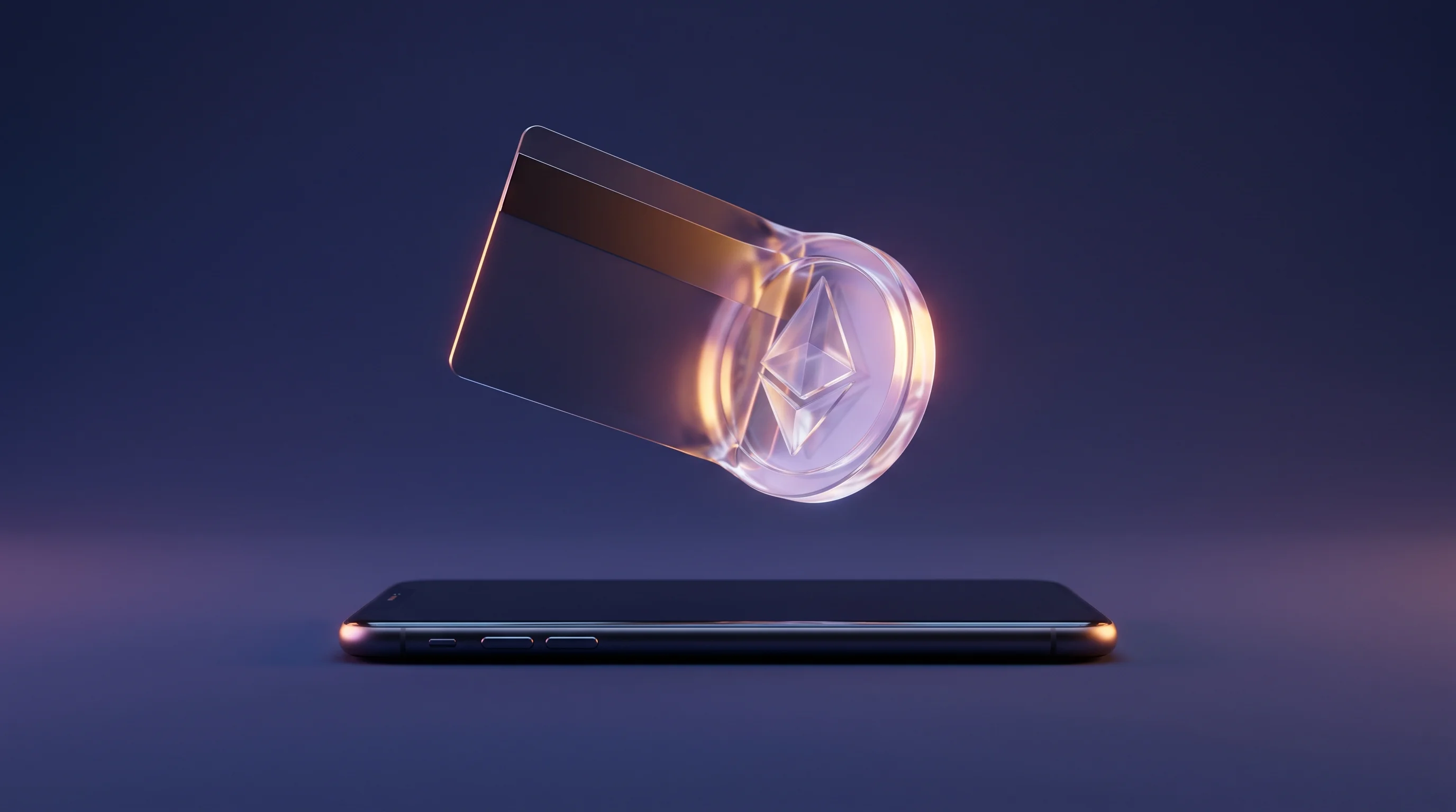 Digital illustration for article section "Stablecoins meet Visa cards" in "OneDosh Raises $1M More, Hits 200K Users in Cross-Border Push" - A sleek, minimalist payment card hovering effortlessly above a modern smartphone, seamlessly morphin...