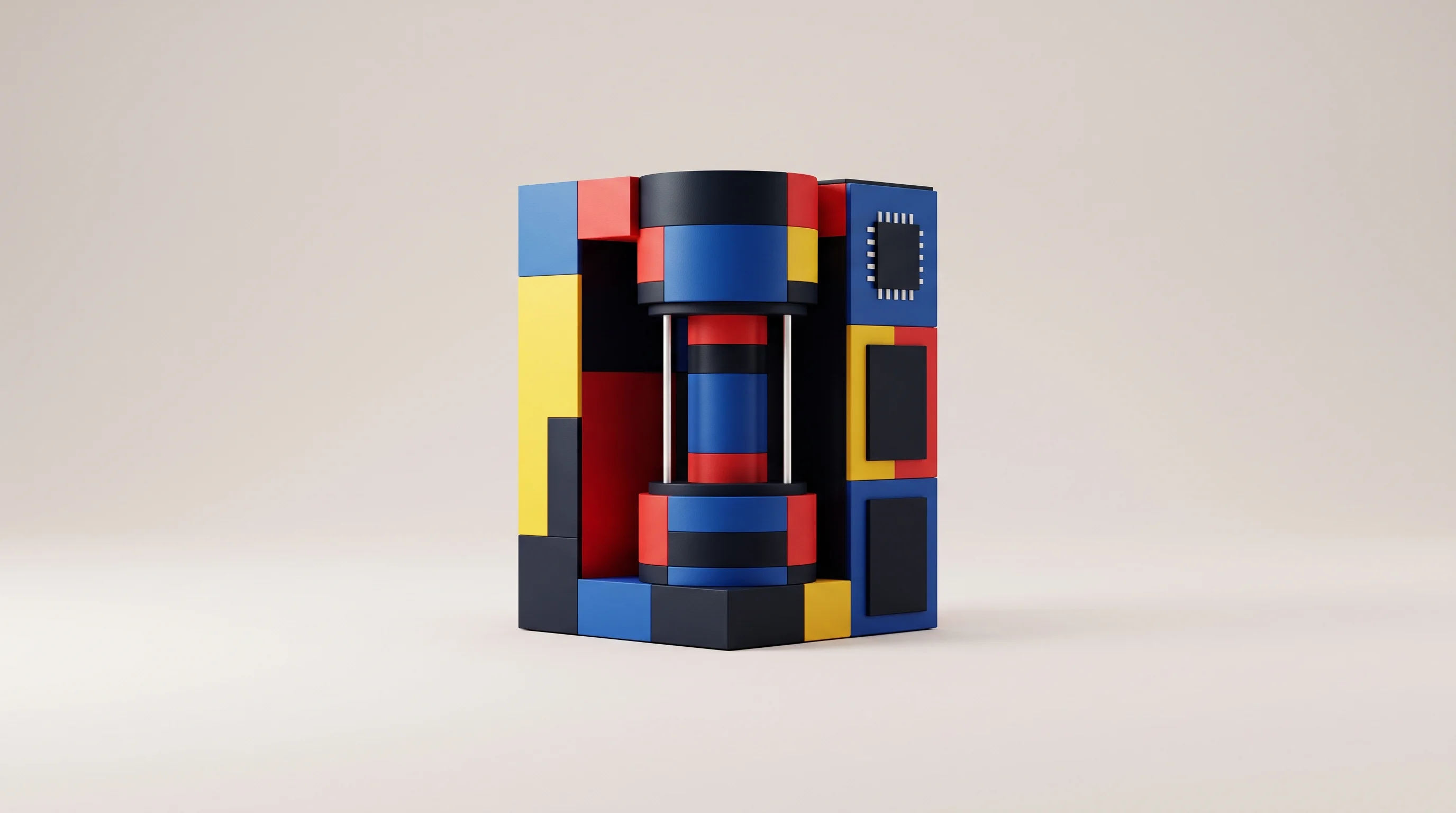 Digital illustration for article section "Domestic Pieces, Foreign Wholes" in "Article Cannot Be Published: Trapeons Startup Unverifiable" - A minimalist and conceptual representation of a hybrid Quantum-AI data center, featuring a single, s...