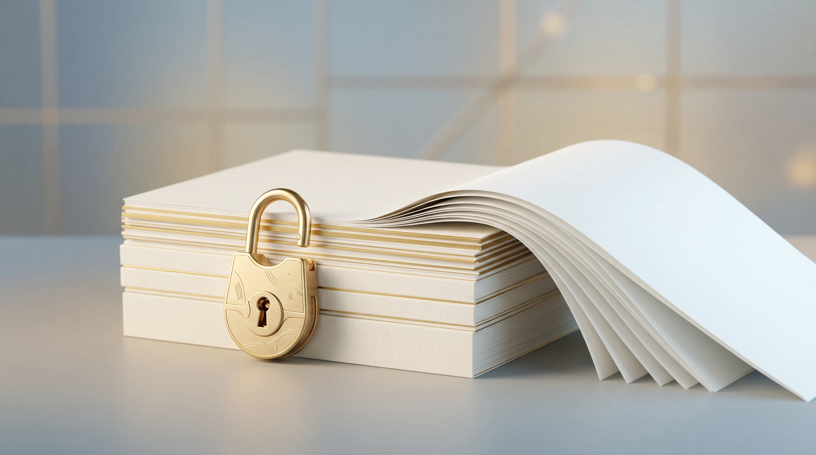 Digital illustration for article section "Policy as Unlock" in "The AI Startup Mining 83% of Lab Data Scientists Throw Away" - A sleek, conceptual representation of policy unlocking data, featuring a minimalist stack of pristin...
