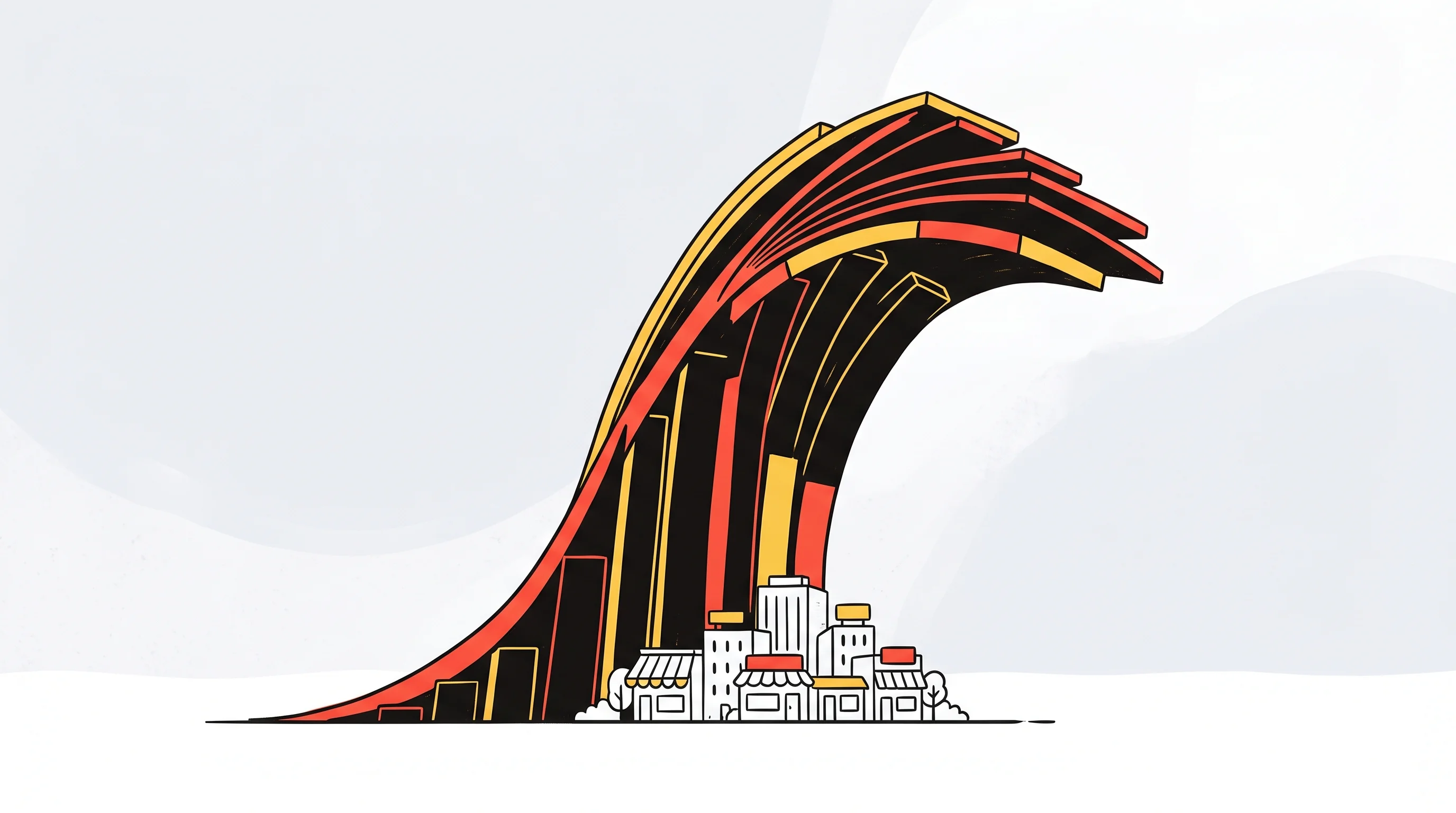 Digital illustration for article section "The Deals That Ate the Market" in "The Seed Paradox: $510B Raised in H1 2026, But Early Deals Down 27%" - A minimalist, conceptual illustration of a colossal, towering bar chart dynamically curving upward t...