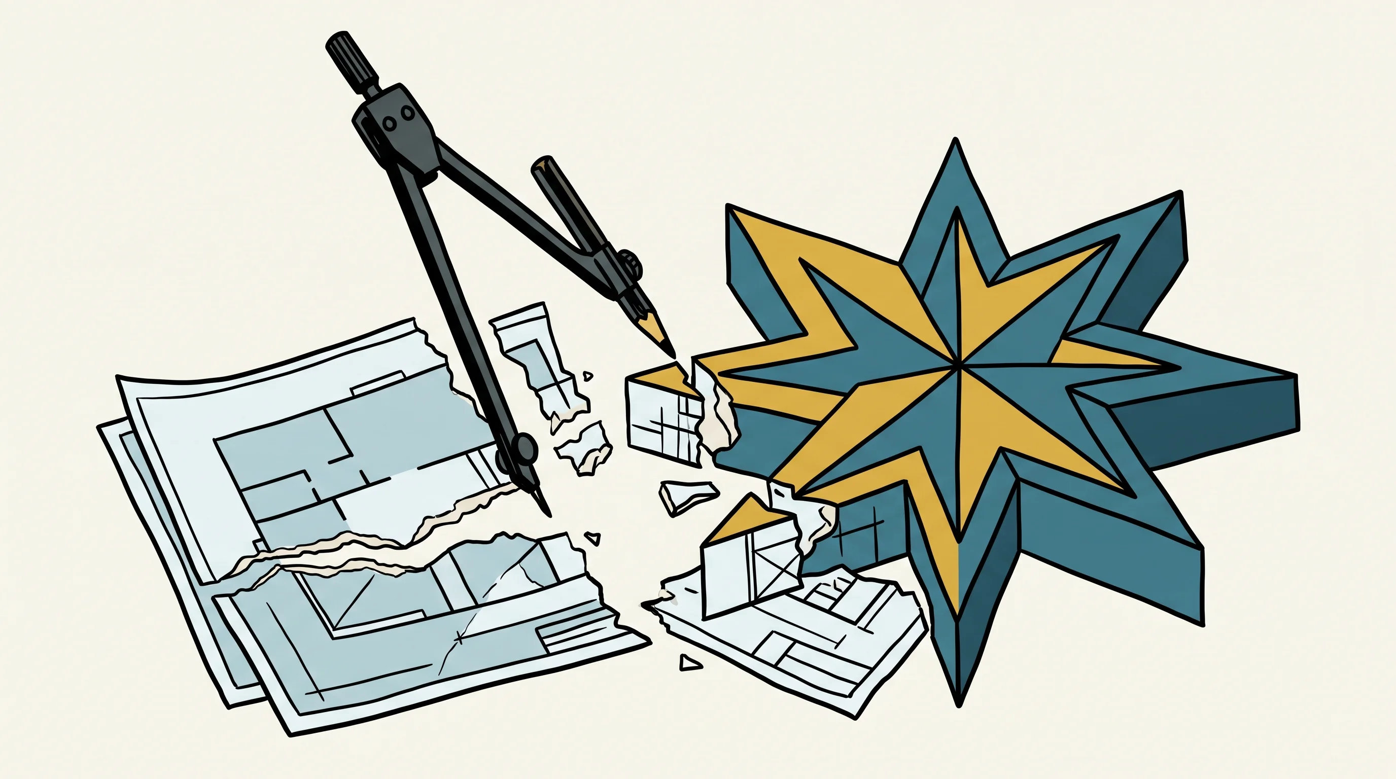 Digital illustration for article section "From Composer to Polar: An Architectural Gamble" in "Polar's AI Browser Automates Sales Workflows, Saves Teams 25+ Hours Weekly" - A clean, minimalist visual metaphor of an architectural gamble, featuring a large drafting compass a...