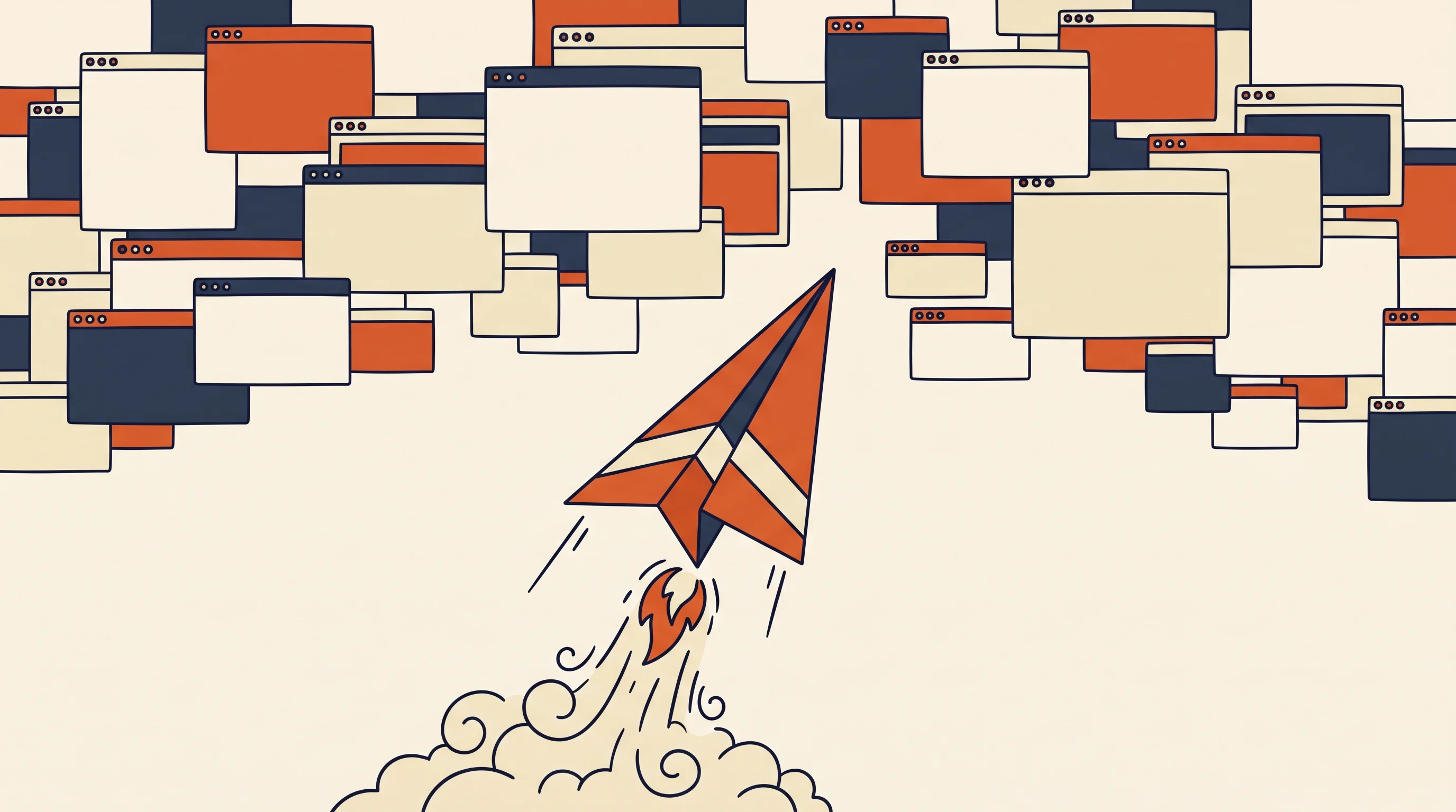 Digital illustration for article section "Launching Into a Suddenly Crowded Field" in "Polar's AI Browser Automates Sales Workflows, Saves Teams 25+ Hours Weekly" - A conceptual, minimalist illustration of a single, vibrant paper rocket launching sharply upwards in...
