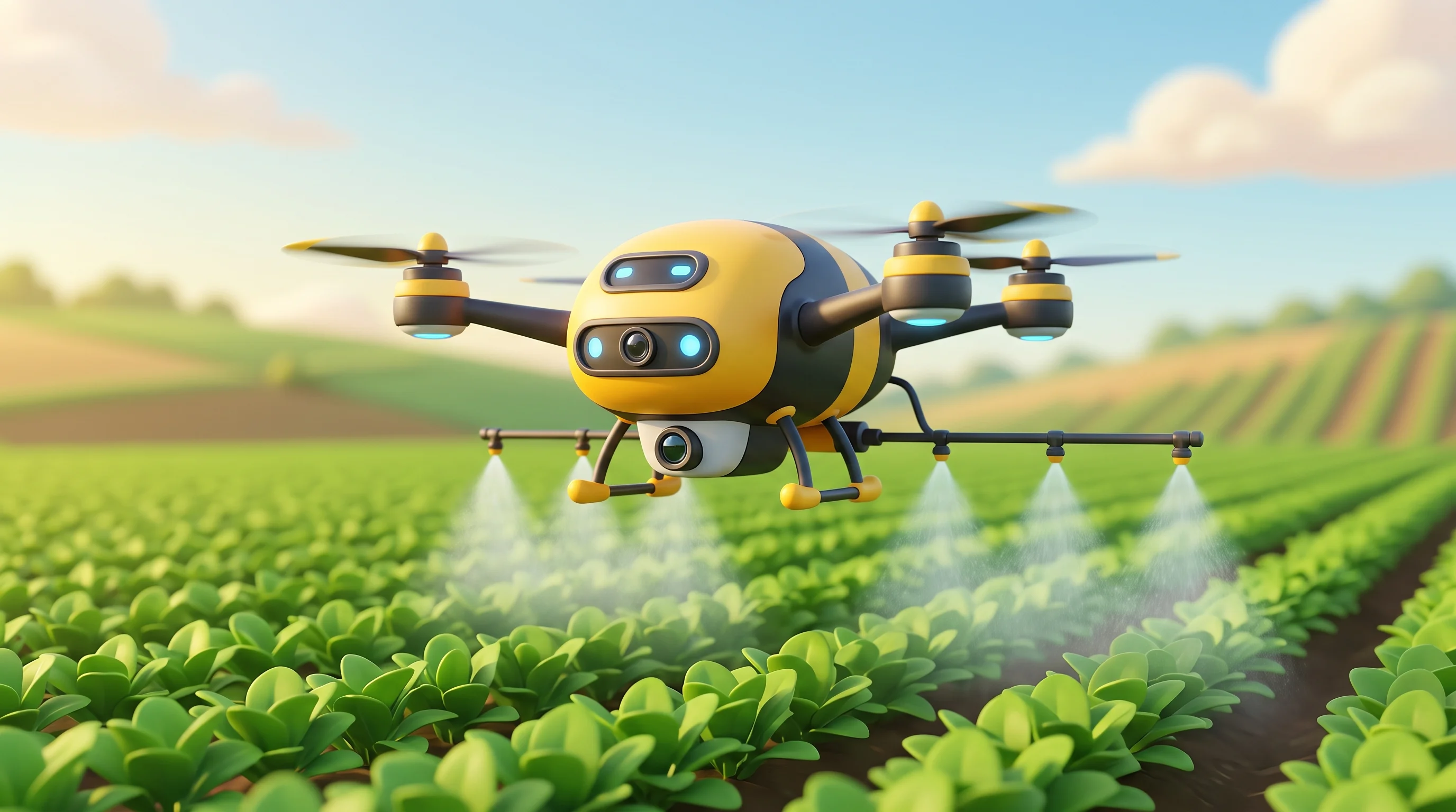 Digital illustration for article section "The Drone Itself" in "SUIND's Unconfirmed Funding Signals Growth in India's Agri-Drone Sector" - A sleek, modern agricultural spraying drone inspired by a bumblebee, featuring a softly rounded yell...