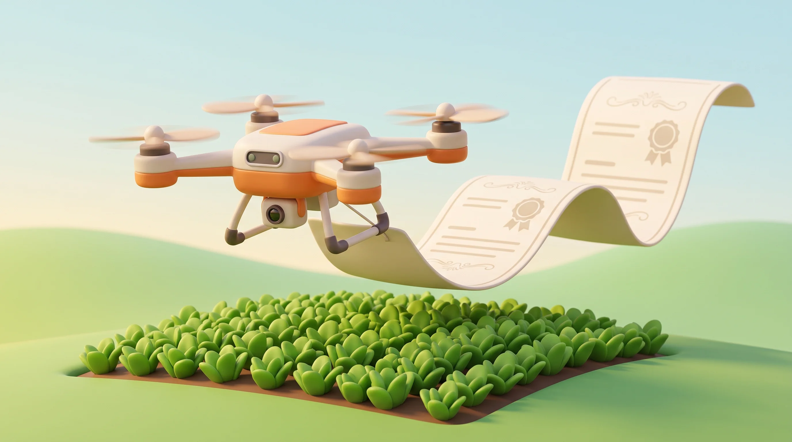 Digital illustration for article section "Policy Tailwinds, Finally" in "SUIND's Unconfirmed Funding Signals Growth in India's Agri-Drone Sector" - A stylized, modern agricultural drone gently hovering over a small, lush patch of vibrant green crop...