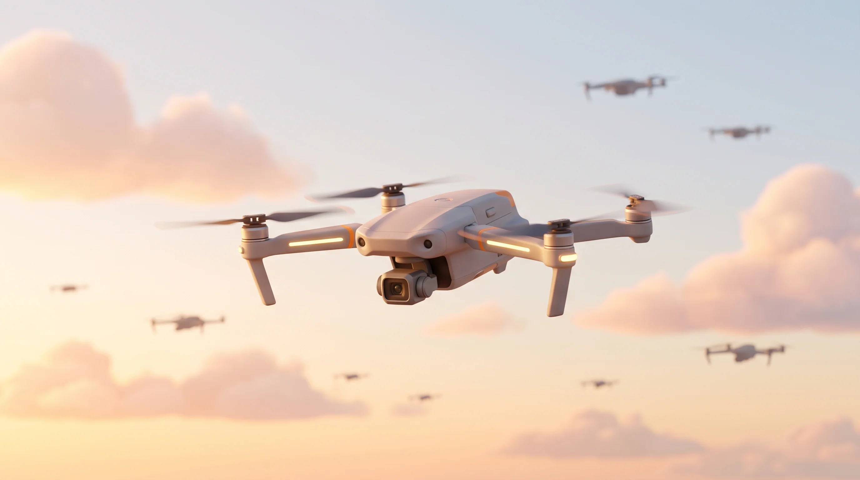 Digital illustration for article section "Crowded Skies" in "SUIND's Unconfirmed Funding Signals Growth in India's Agri-Drone Sector" - A sleek, modern commercial drone hovering gracefully in the foreground against a soft, expansive sky...