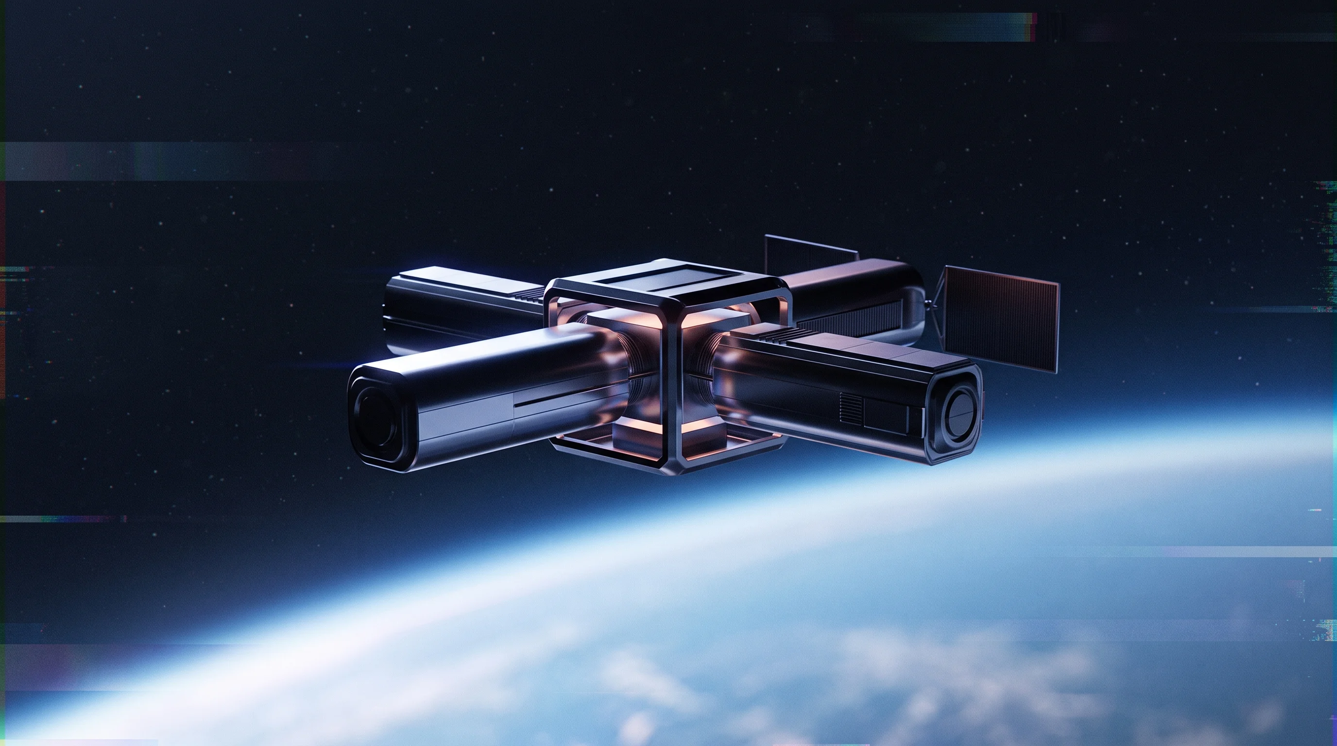 Digital illustration for article section "More Than Batteries" in "India's First Space-Proven Satellite Battery Flies on Vikram-1" - A sleek, minimalist conceptual orbital data center floating silently in deep space, representing an ...